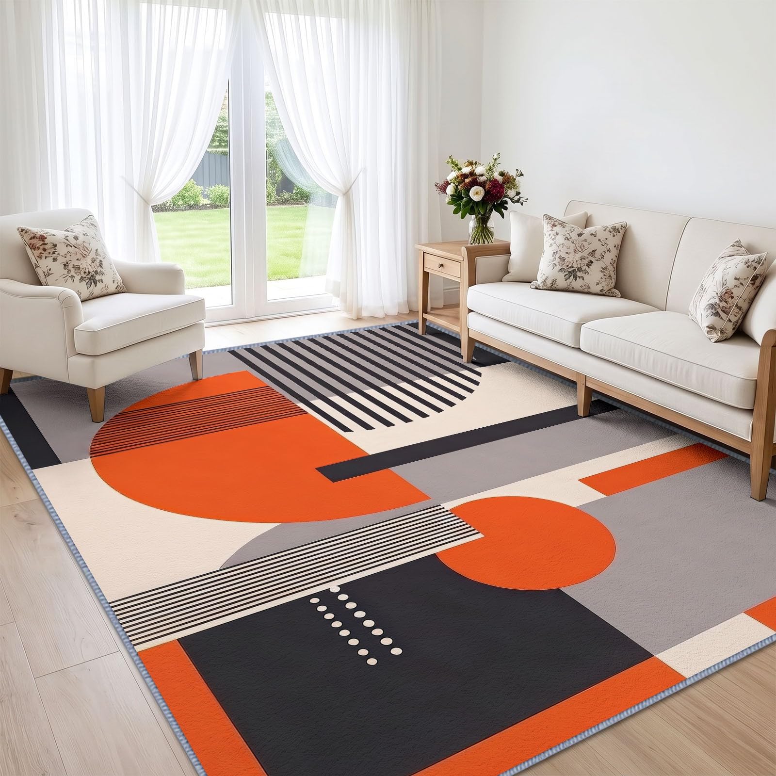 Tapis de Salon Lavable 80 x 150 cm Semi-Cercle Cercle Rayures, Tapis Antidérapant à Poils Ras Médiéval Géométrique pour Cuisine Bureau Salle à Manger - Moquette Décoration Intérieure Chambre d'enfant
