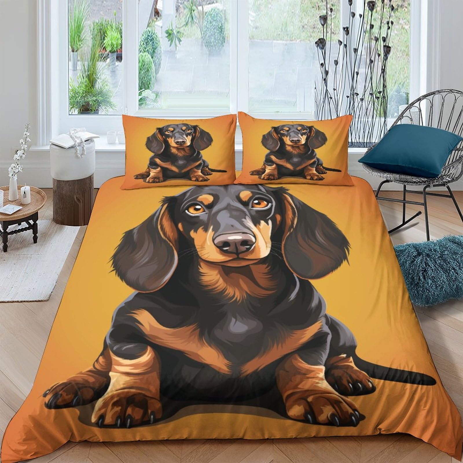 Housse de couette teckel 200x200 cm avec 2 taies d'oreiller pour lit double
