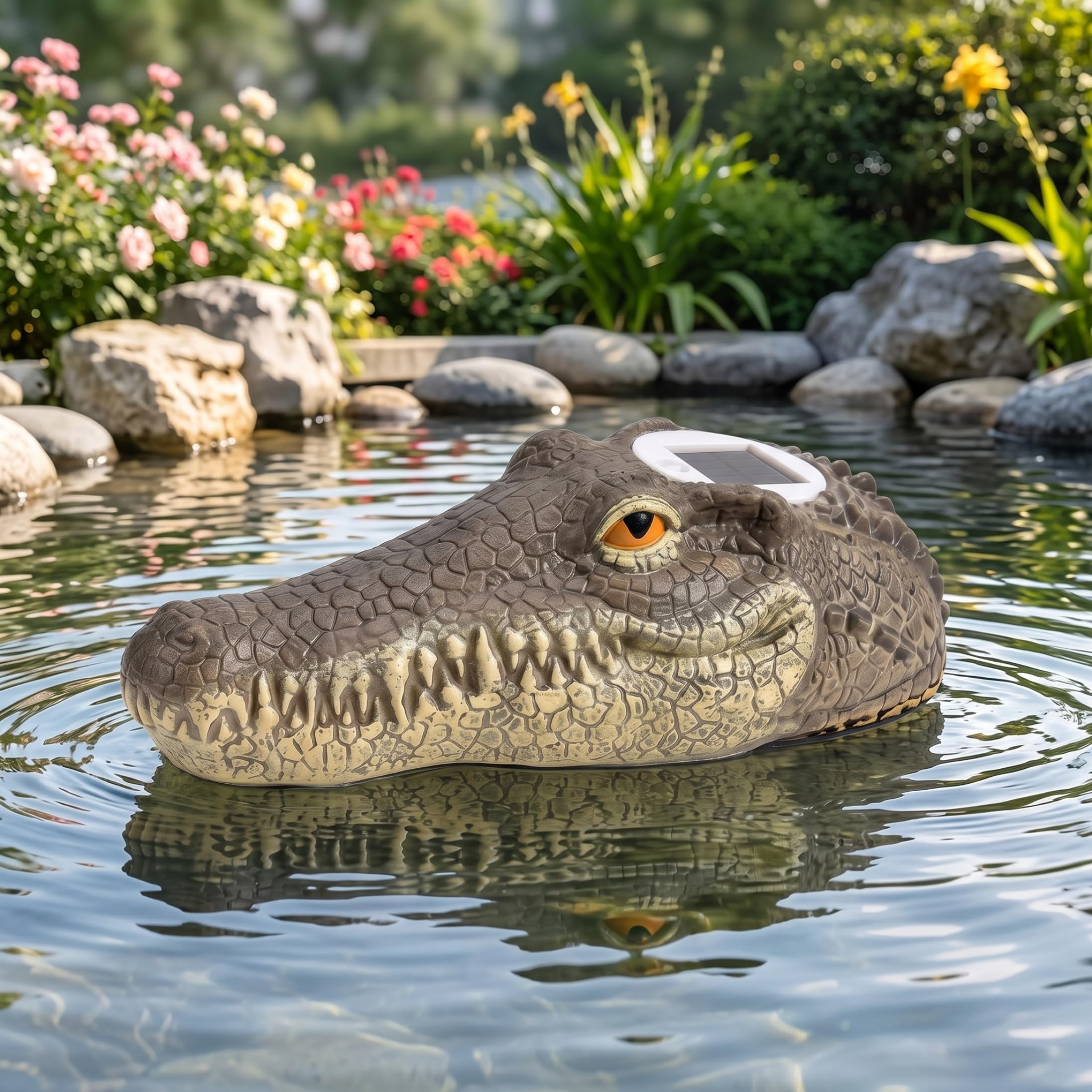 Testa di alligatore a LED solare, laghetto galleggiante e statua da giardino con decorazioni per piscina.