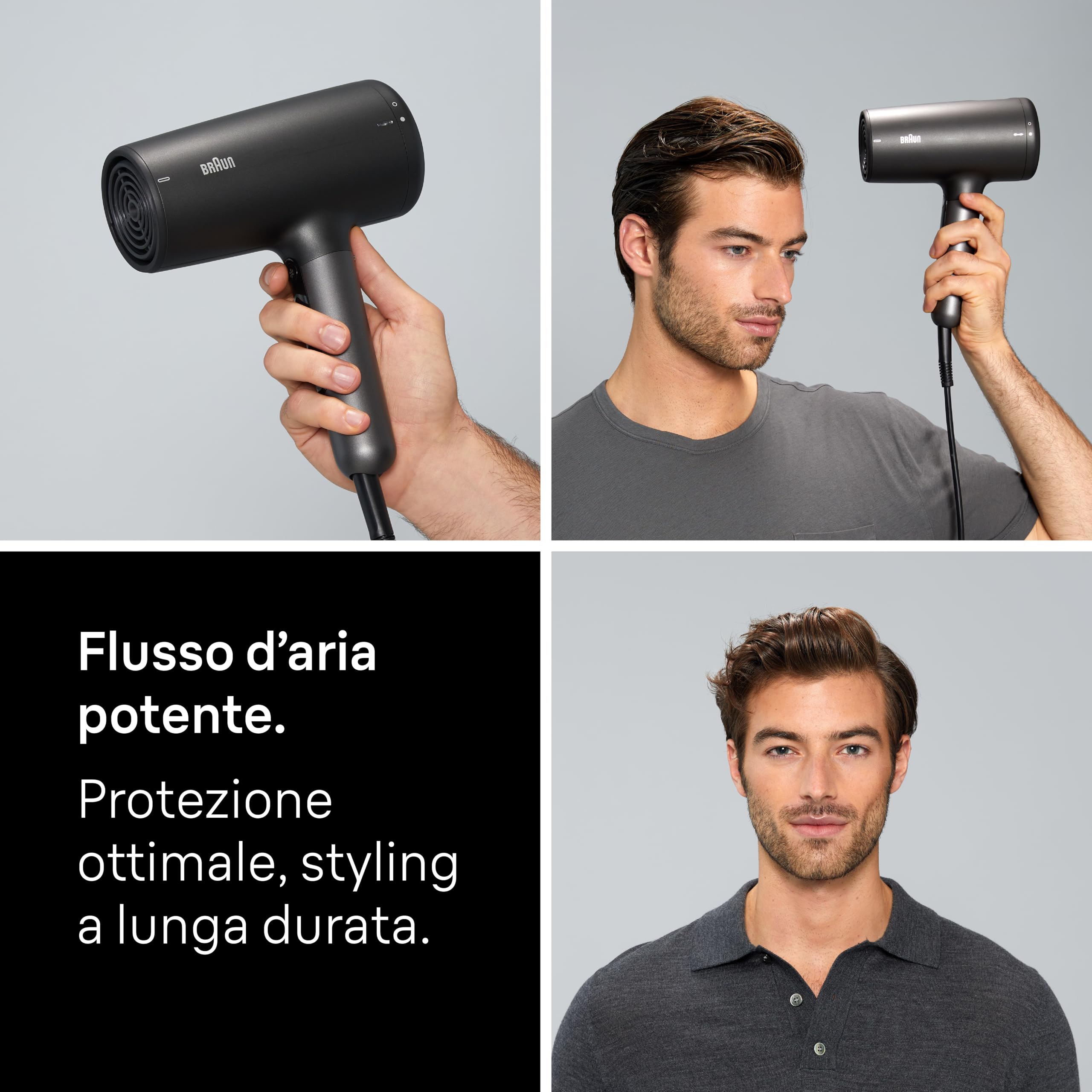 Asciugacapelli Braun HD4.2, alte prestazioni, diffusore e concentratore, Super IONTEC, motore HTDC 2100W, 3 temperature e 3 velocità, Satin Black metallizzato, protezione, risultati ottimali, BRHD425E