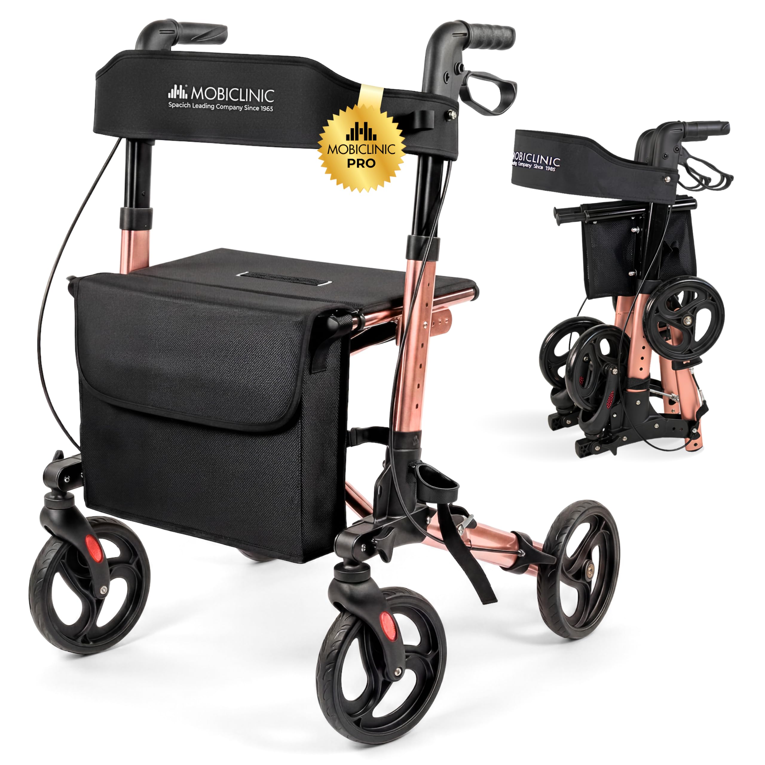 Mobiclinic®, Chodzik Składany, Siedzisko i Oparcie, do 136 kg, Różowe Złoto, Regulowana Wysokość, Kosz do Przechowywania, Uchwyt na Laskę, Hamulce i Blokada Bezpieczeństwa, Aluminium, Trajano