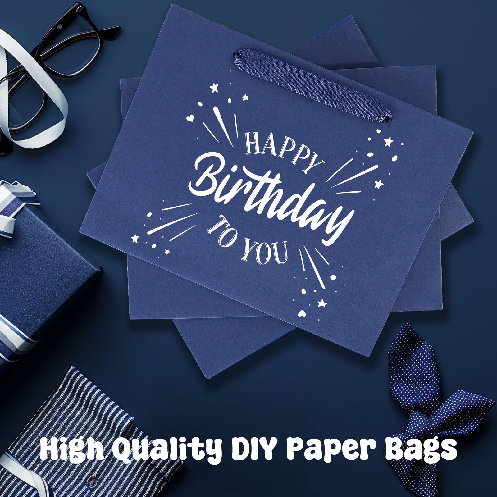 Padiaet 6 Pack Medium 10.5"x4"x8.1" Blue Gift Bags with Tissue Papers, Kraft Shopping Bags with Ribbon Handles, Retail Wrapping Set for All Occasions