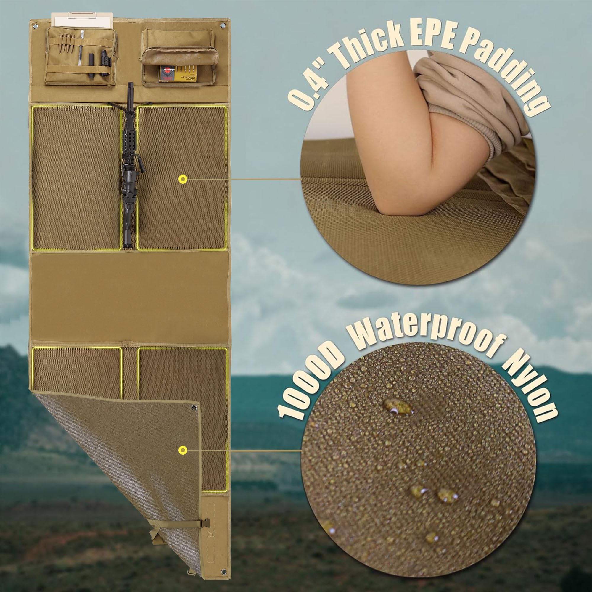 IC ICLOVER Shooting Mat, Tactical Prone Padded Shooting Mats, with 2 Pockets & Molle Webbings & Bipod Holder, Extra Large Non-Slip Waterproof Foldable Pad Blanket for Long Range Rifle Shooting Hunting