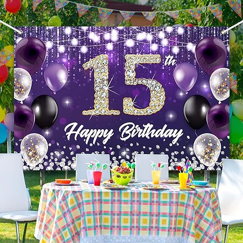 Miniatura 3 de Telón de fondo de feliz cumpleaños 15 color morado con diamante brillante noble elegante fiesta de cumpleaños, fotografía, fondo de cabina de