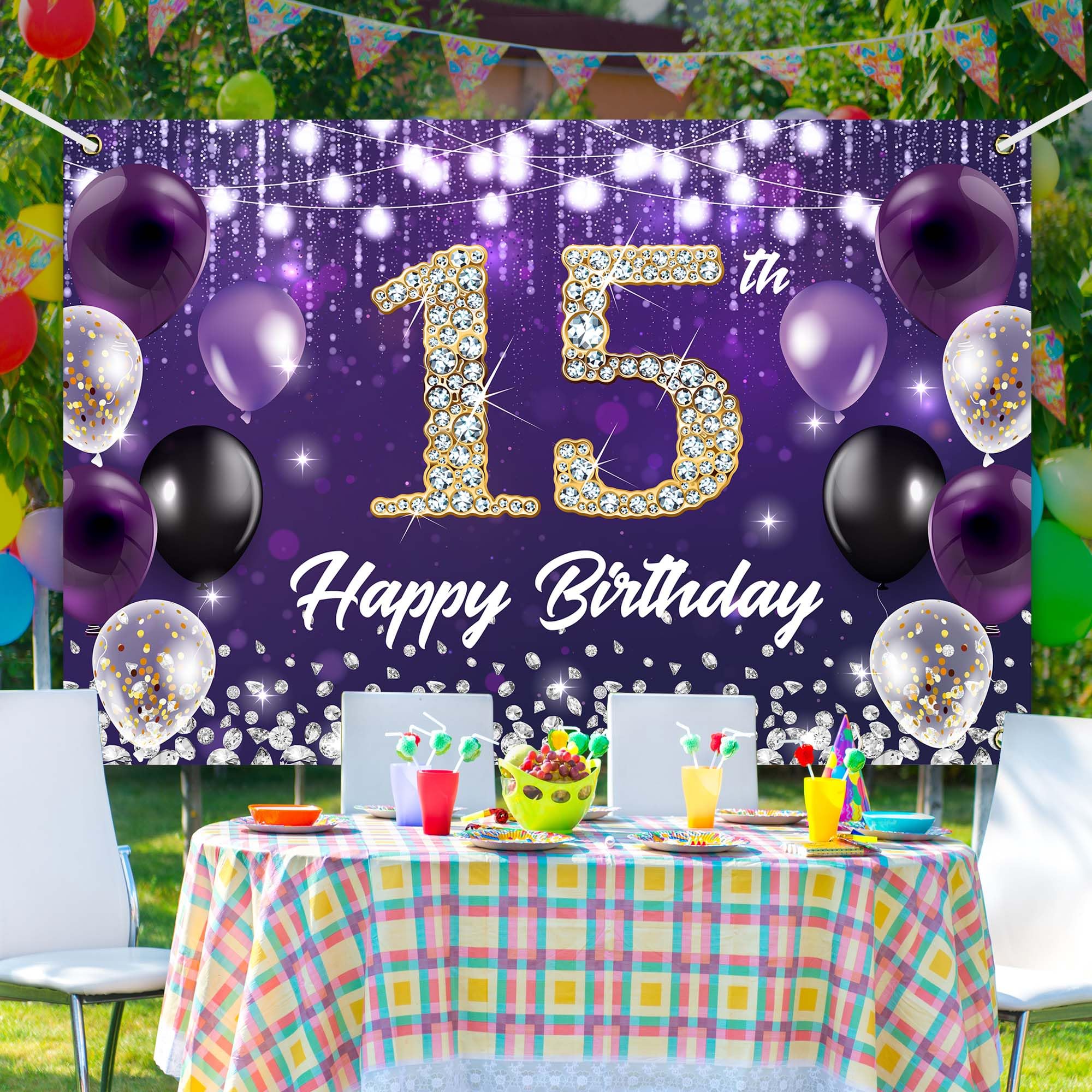 LASKYER Happy 15th Birthday Decorations - Large Purple Backdrop Banner (78”x47”), Cheers To Fifteen Years Party Supplies - View #13
