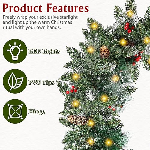 Miniatura 4 de Guirnalda de Navidad de 9 pies con luces, funciona con pilas, árbol de guirnalda verde preiluminado con piñas, bayas rojas y 50 luces, decoración