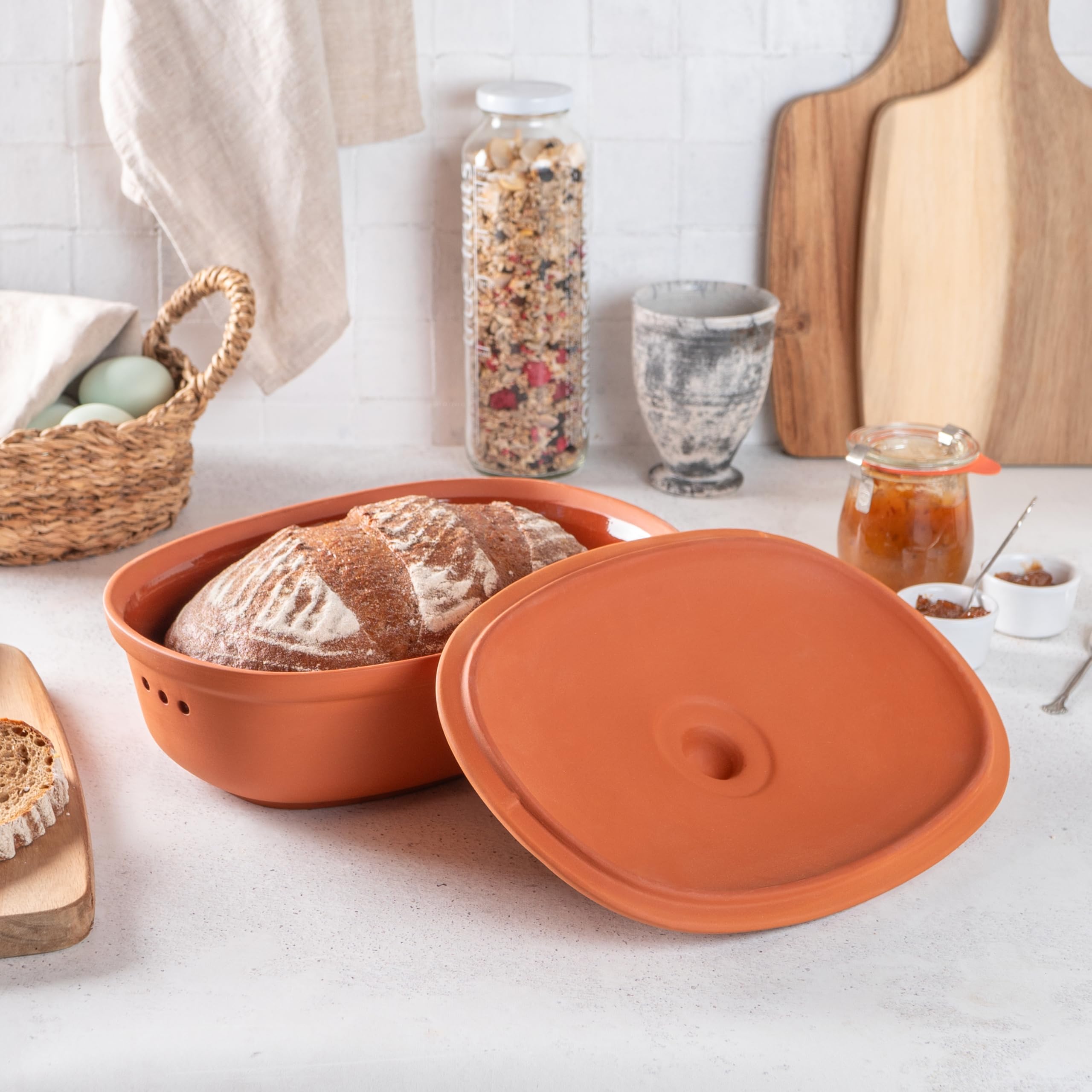 Römertopf Panera de barro cerámico, ideal para guardar pan y bollería de 30 x 21 cm, Terracota