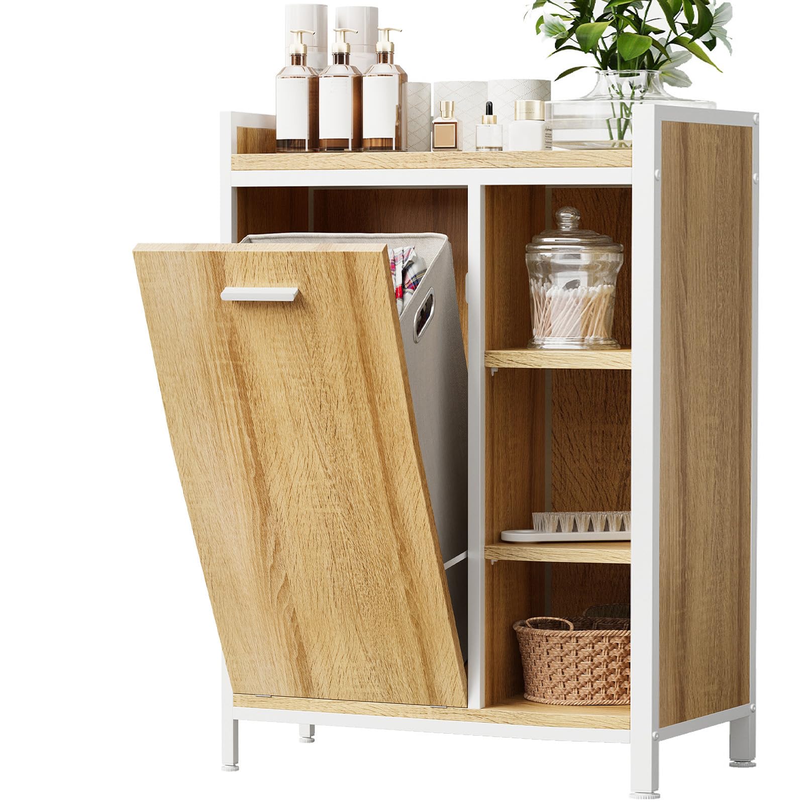 ELUCHANG Armario de Baño con Cesto Ropa Sucia 50L, Mueble de Baño 2 en 1 con 3 Divisiones Ajustables, Bolsa Extraíble Lavable, para Baño y Lavadero, 63x30x91cm, Roble Claro + Blanco