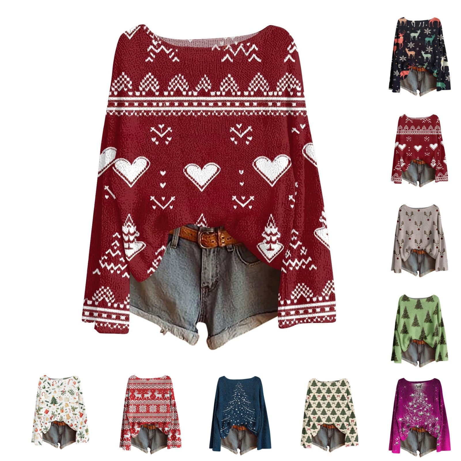 Christmas Sweaters for Women Long Sleeve Boat Neck Knitted Pullovers Funny Xmas Holiday Clothes Cute Graphic Tops