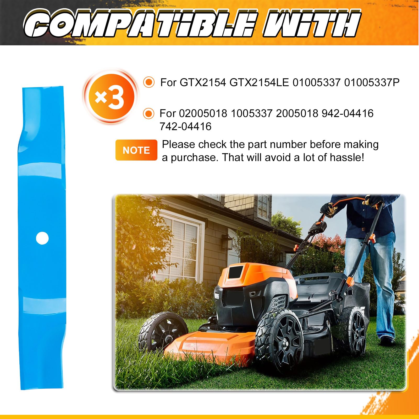 ILONPA Juego de 3 cuchillas de mulching Hi Lift para cubiertas de 54 pulgadas Cub Cadet Enforcer GTX2154 GTX2154LE 01005337 01005337P 02005018 1005337 2005018 942-04416 7. 42-04 416, azul