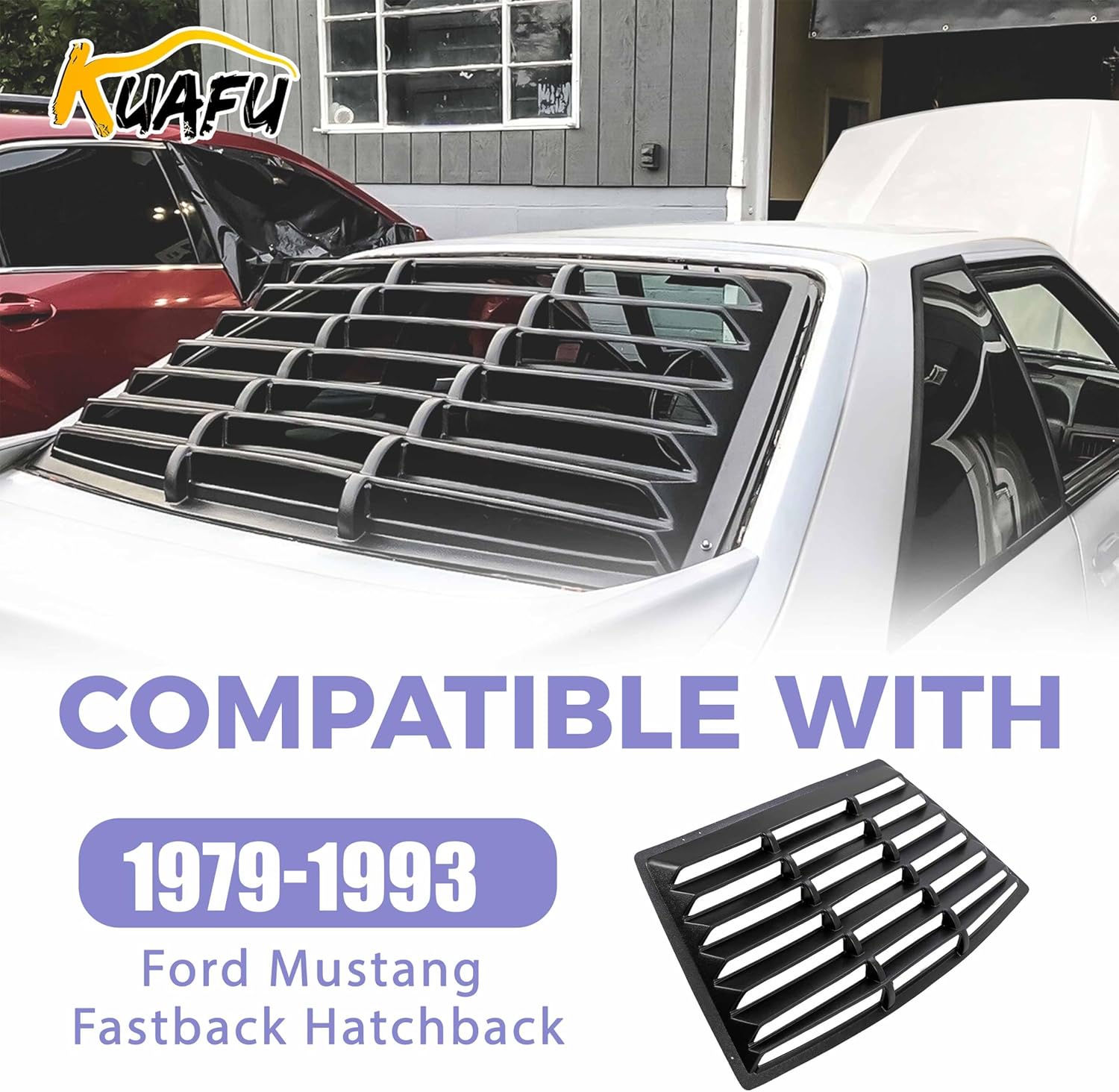 KUAFU Rear Window Louver Compatible with 1979-1993 Ford Mustang Fastback Hatchback Windshield Cover Vents Sun Shade Black