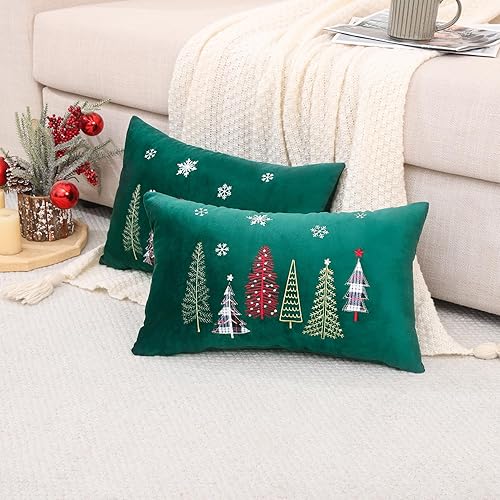 Miniatura 5 de Tosleo Juego de 2 fundas de almohada bordadas de Navidad de 12 x 20 pulgadas, juego de 2 fundas de almohada de terciopelo verde bosque, fundas de