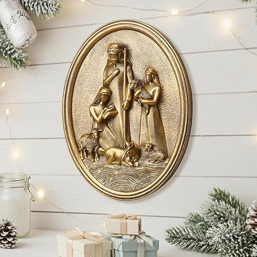 Juego de escultura de pared vintage de Belén, decoración de pared antigua, arte de pared dorado pintado a mano con diseño de belén en relieve,