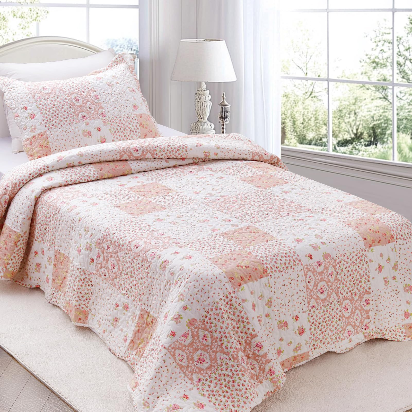 KASENTEX Twin Quilt Set Lightweight Bedspread Coverlet(Pink Floral Patchwork, 86x68)