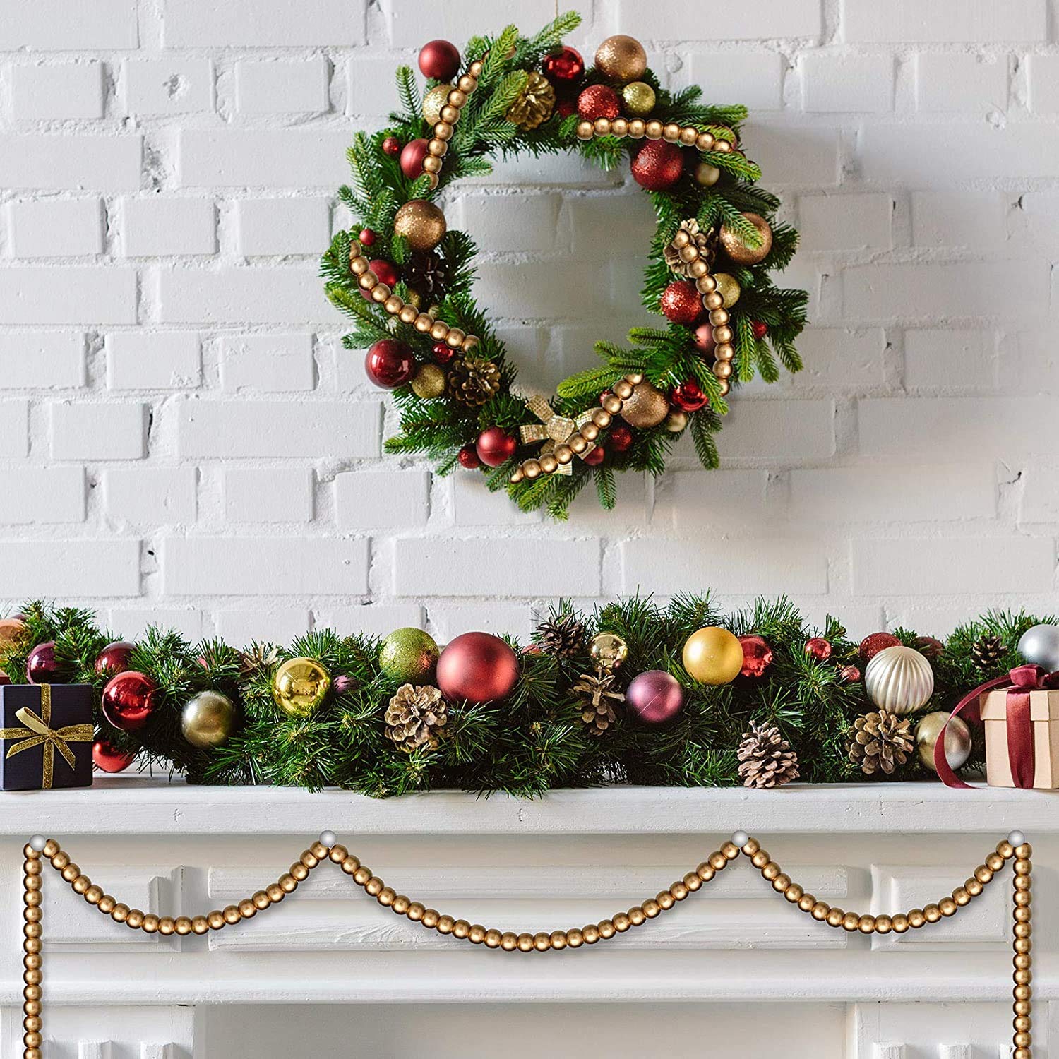 Guirlande de perles en bois de 3,7 m – Décorations pour sapin de Noël (doré)