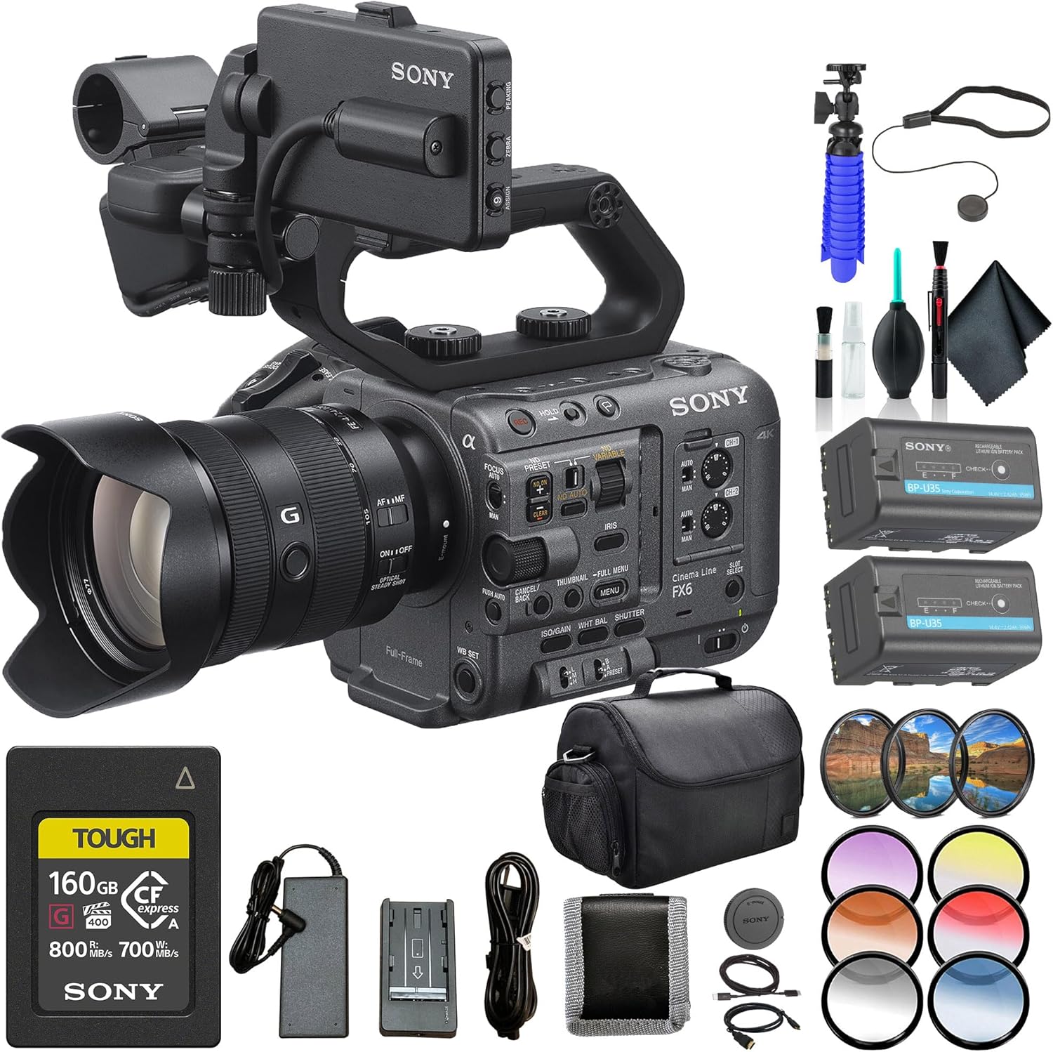 Sony FX6 Cinema Line Camera Kit with 24–105 mm F4 G OSS Lens (ILME-FX6VK) – Full-Frame 10.2MP Sensor | 4K 120p | 160GB Card, BP-U35 Battery, Filter Kit, Color Filter Kit, Bag, Card Wallet and More
