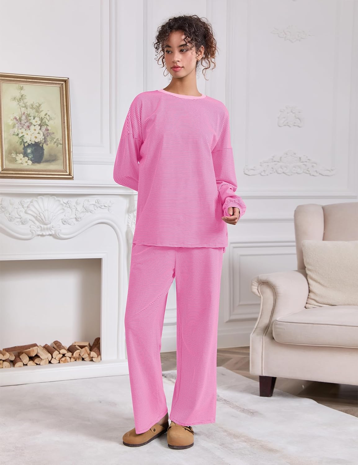 MISSACTIVER Women's 2 Piece Striped Lounge Set Long Sleeve Oversized T-Shirt Wide Leg Pants Matching Pajamas Set - Image 7