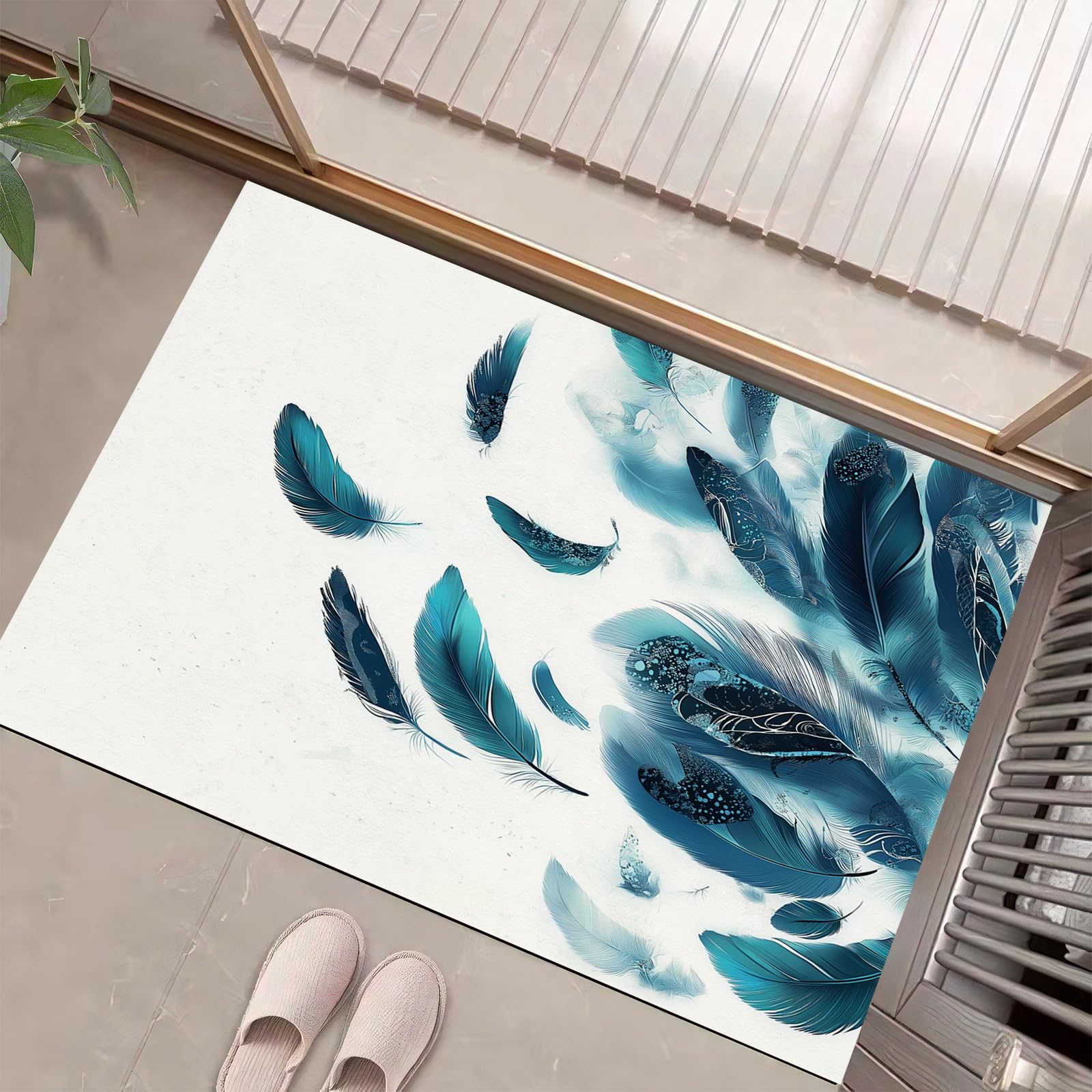 Tapis lavable pour couloir et jardin : le paillasson déco plumes turquoise