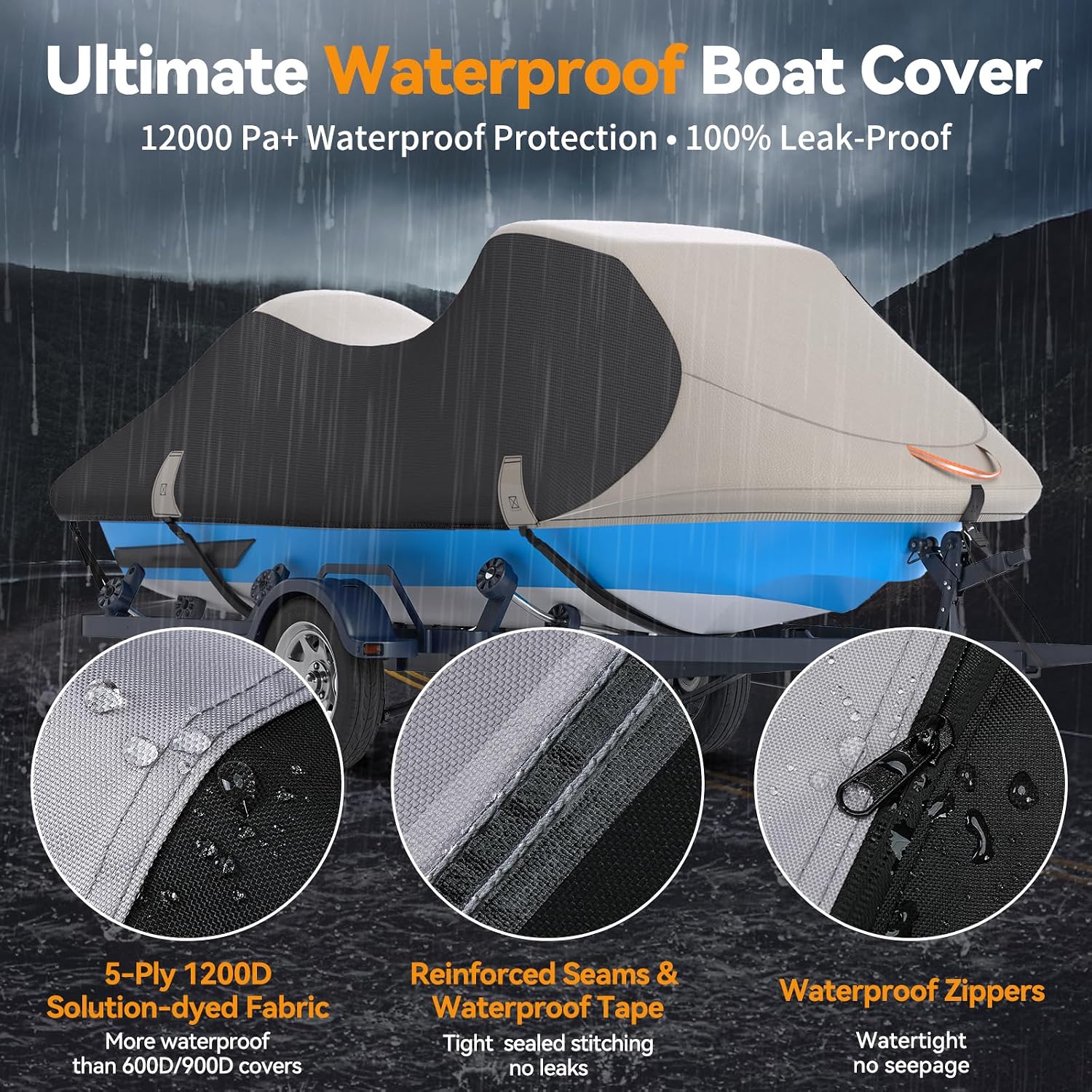 1200D Solution-Dyed Jet Ski Cover with Storage Bag,Waterproof,Anti-UV Trailerable Cover Universal Fit for Yamaha,Seadoo,Jetski,PWC Boat with Reflective Air Vent (Fits from 136"-145", 3 Seater)