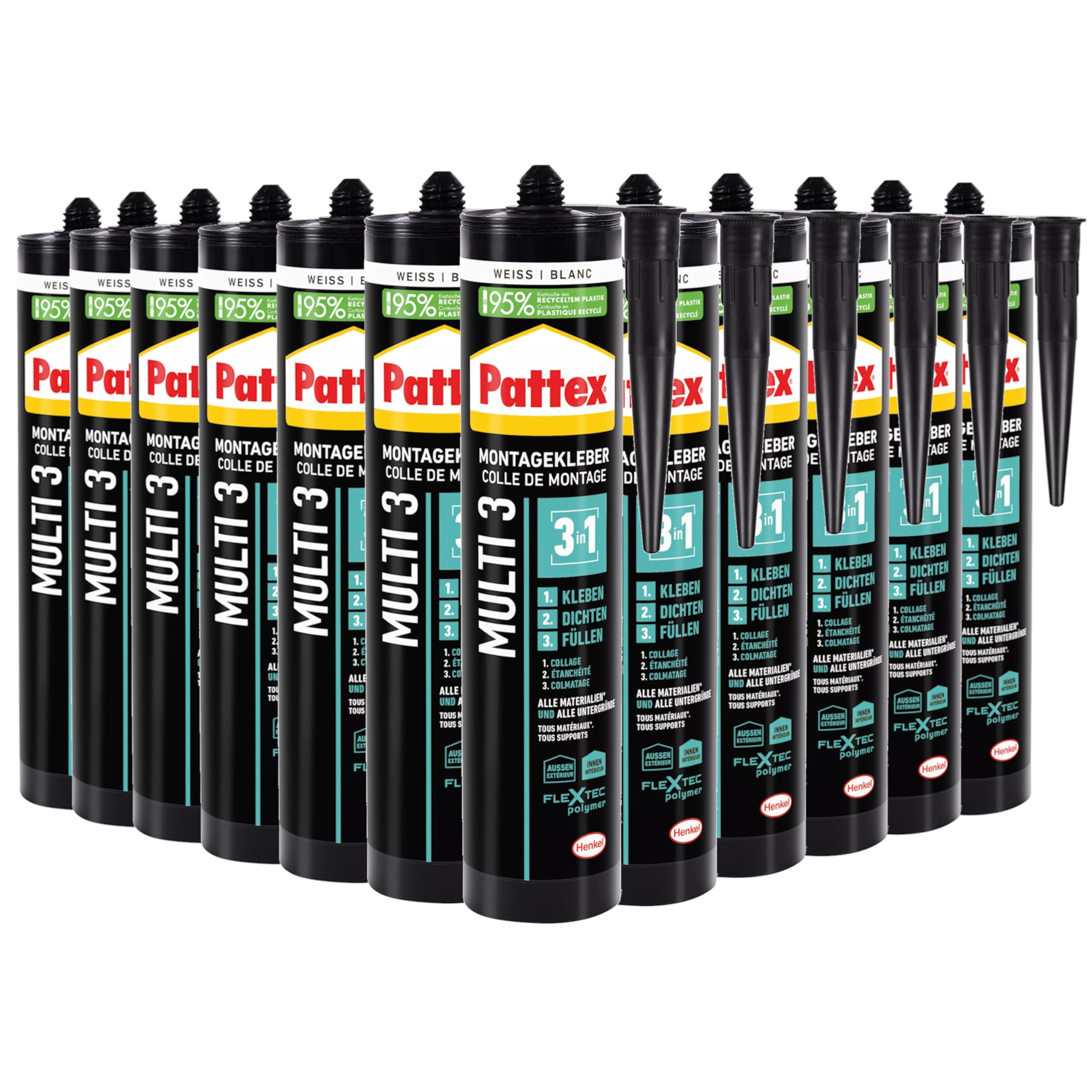 Pattex Montage Multi 3, 3in1 Montagekleber, starker Kraftkleber für fast alle Materialien*, wetterbeständiger Baukleber für innen und außen**, weiß, 12x390g Kartusche