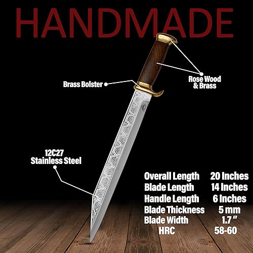 Miniatura 6 de Cuchillo largo de Seax vikingo hecho a mano con funda, hoja de seax celta guerrero medieval con mango de madera, regalo histórico coleccionable