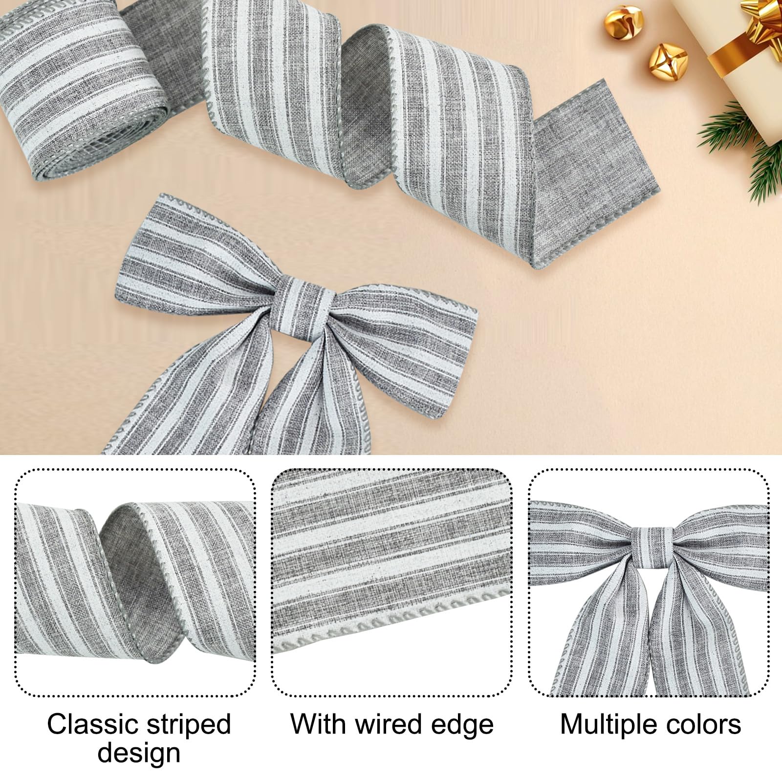 Amazon.com: TONIFUL 2 Rolls-2 Inch Gray Striped Wired Ribbon, Gray