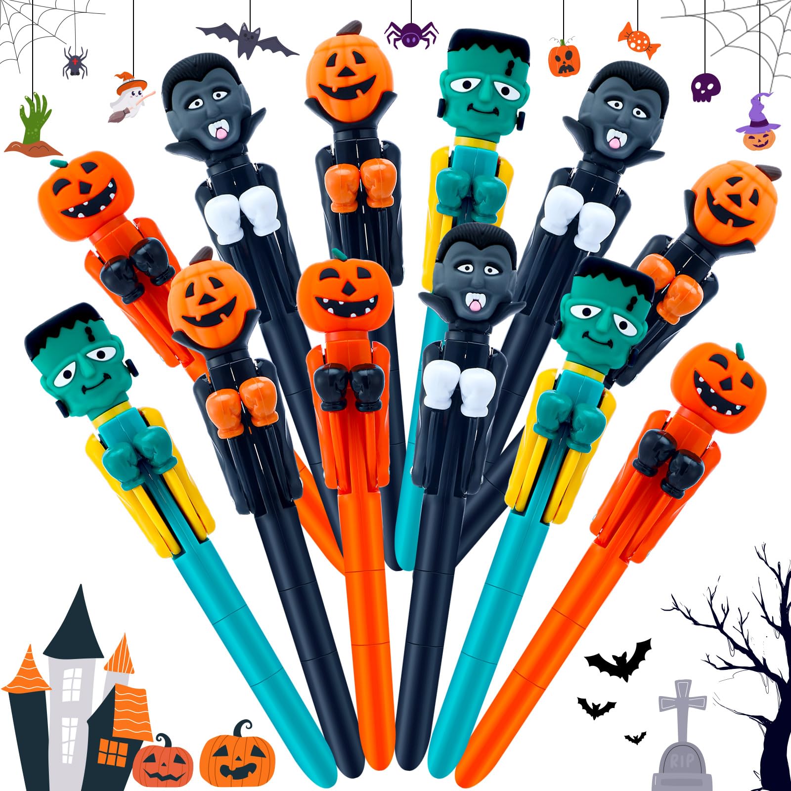 12 Pcs Halloween Boxing Pen Halloween Ballpoint Pen Pumpkin Vampire Zombie Boxing Pens 0.7mm Novelty Writing Pen Funny Ballpoint Pen for Halloween Party Office Supplies(Scary)
