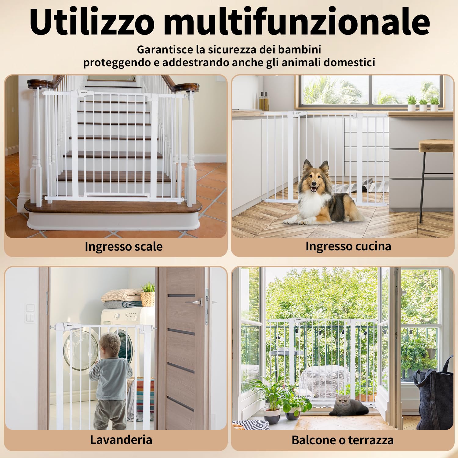 Javonix cancelletto per bambini, Cancelletto per scale senza trapano, altezza extra alta 92 cm, larghezza 75-124 cm con 3 estensioni, per bambini, cani gatti, chiusura automatica arresto a 90°-Bianco