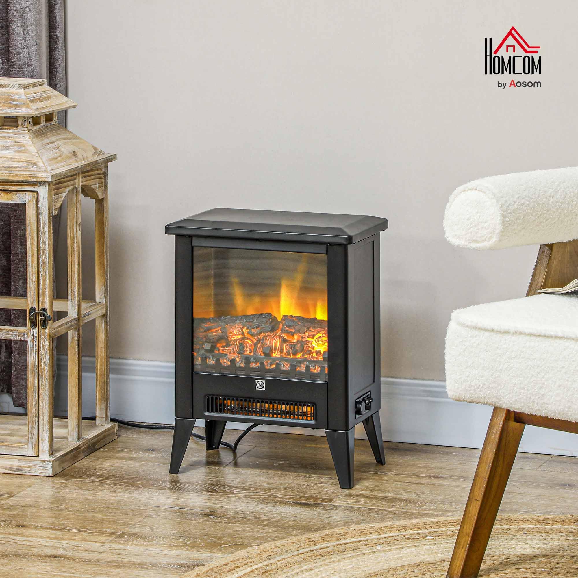 HOMCOM Camino Elettrico da Terra con Effetto Fiamma 3D a 3 Intensità, 1800W Caminetto Elettrico con Spegnimento Automatico, Termostato, Risacaldamento Regolabile per Soggiorno, 30㎡, Nero