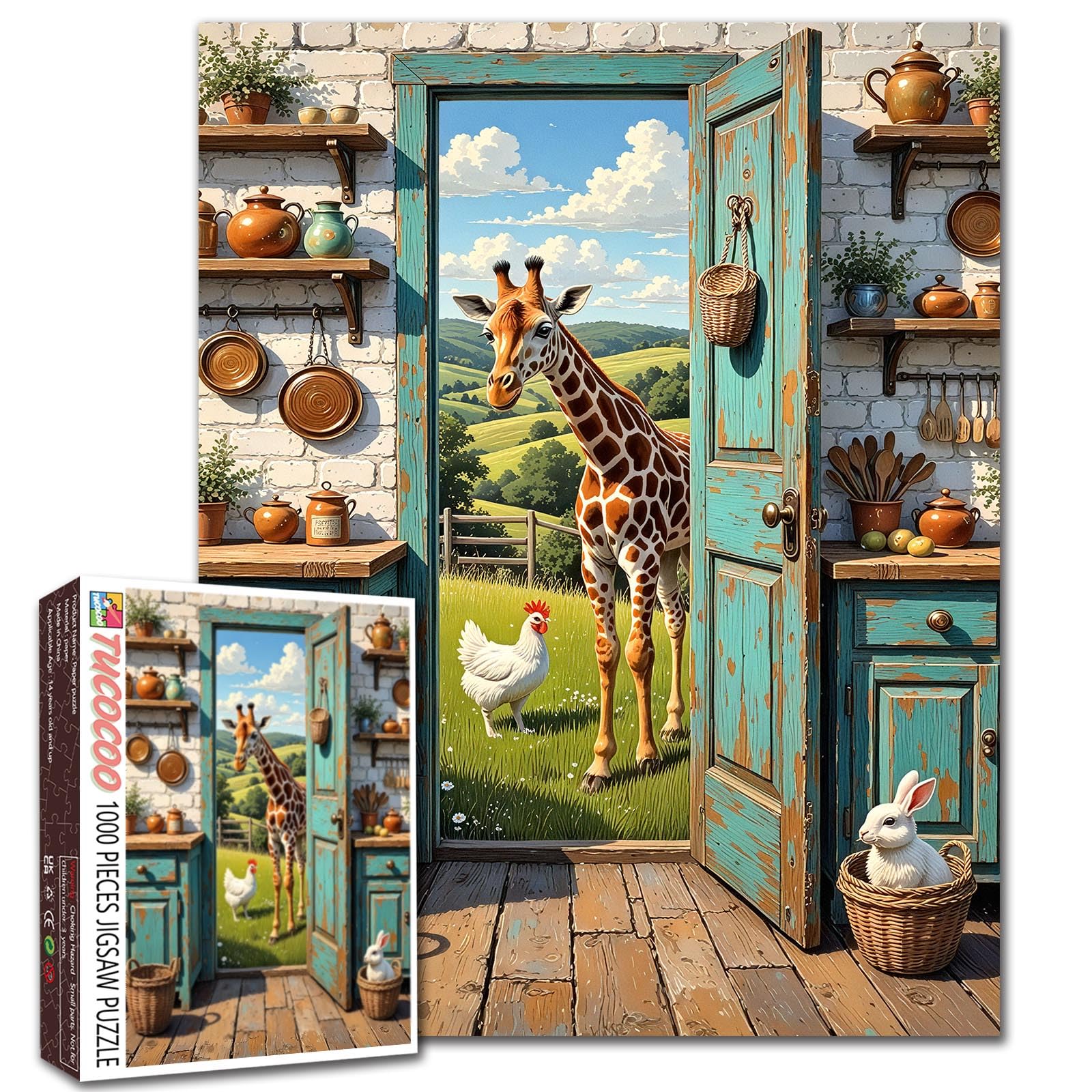 Giraffe Farm Puzzle Chicken Rabbit Jigsaw Vintage Door Farmhouse Kitchen Tableware Picture 1000 Pieces for Adults Beginner Challenging Family Activity Games DIY Crafts Puzzle for Home Decor Gifts โ image 1