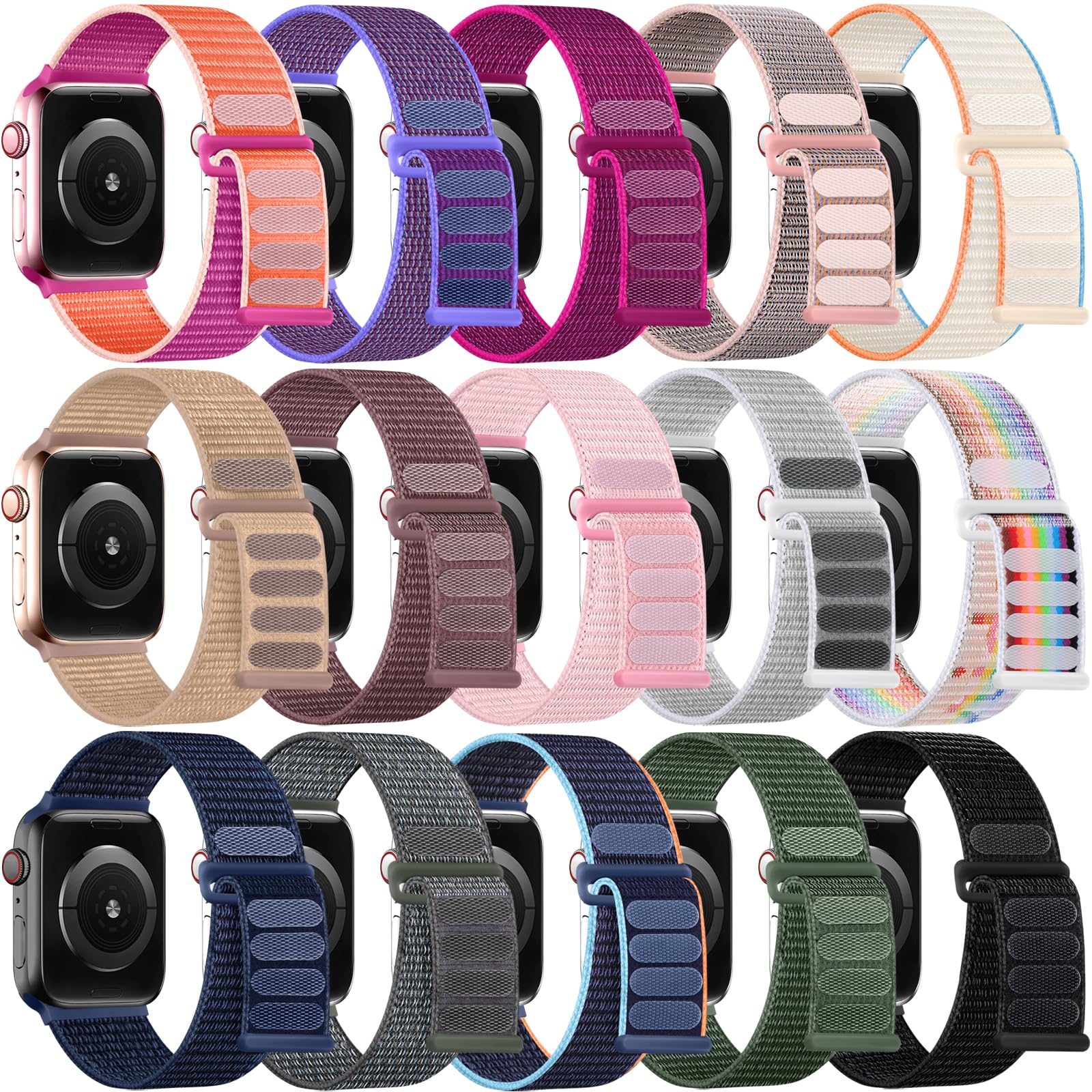 WJKStretchy Nylon Straps Compatible with Apple Watch Bands 38mm 40mm 41mm 42mm 44mm 45mm 49mm for iWatch SE2 SE Series 9 8 7 6 5 4 3 2 1, 15 Pack