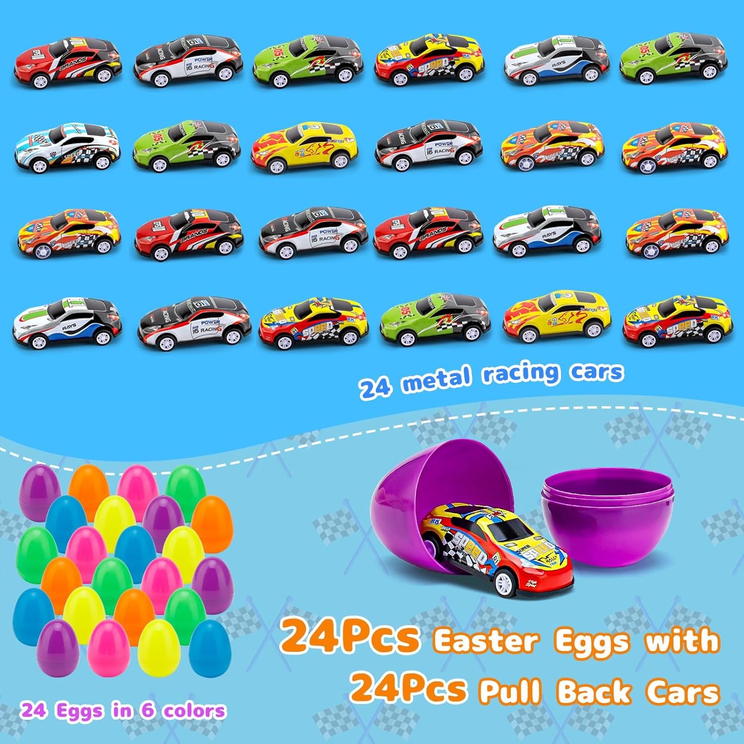 24 Pack Easter Eggs with Toys Inside, Prefilled Easter Eggs with Different Pull Back Racing Cars for Toddler Kids Basket Stuffers, Egg Hunt and Party Favors, Filled Easter Eggs - Image 2