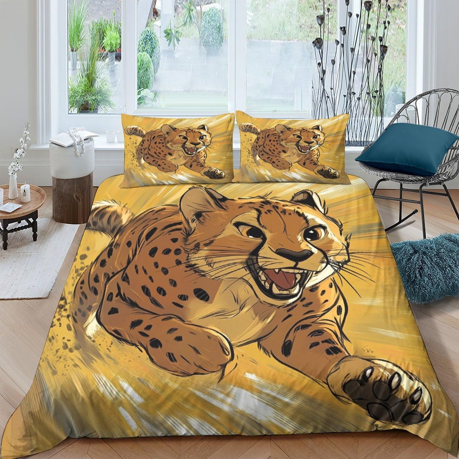 GPLZQXKJNH 3D Printed Cheetah Wild Animal Duvet Cover Microfiber Soft Breathable Safari Pattern Bedding Set with 2 Pillowcases for Bedroom Decor Single（135x200cm）