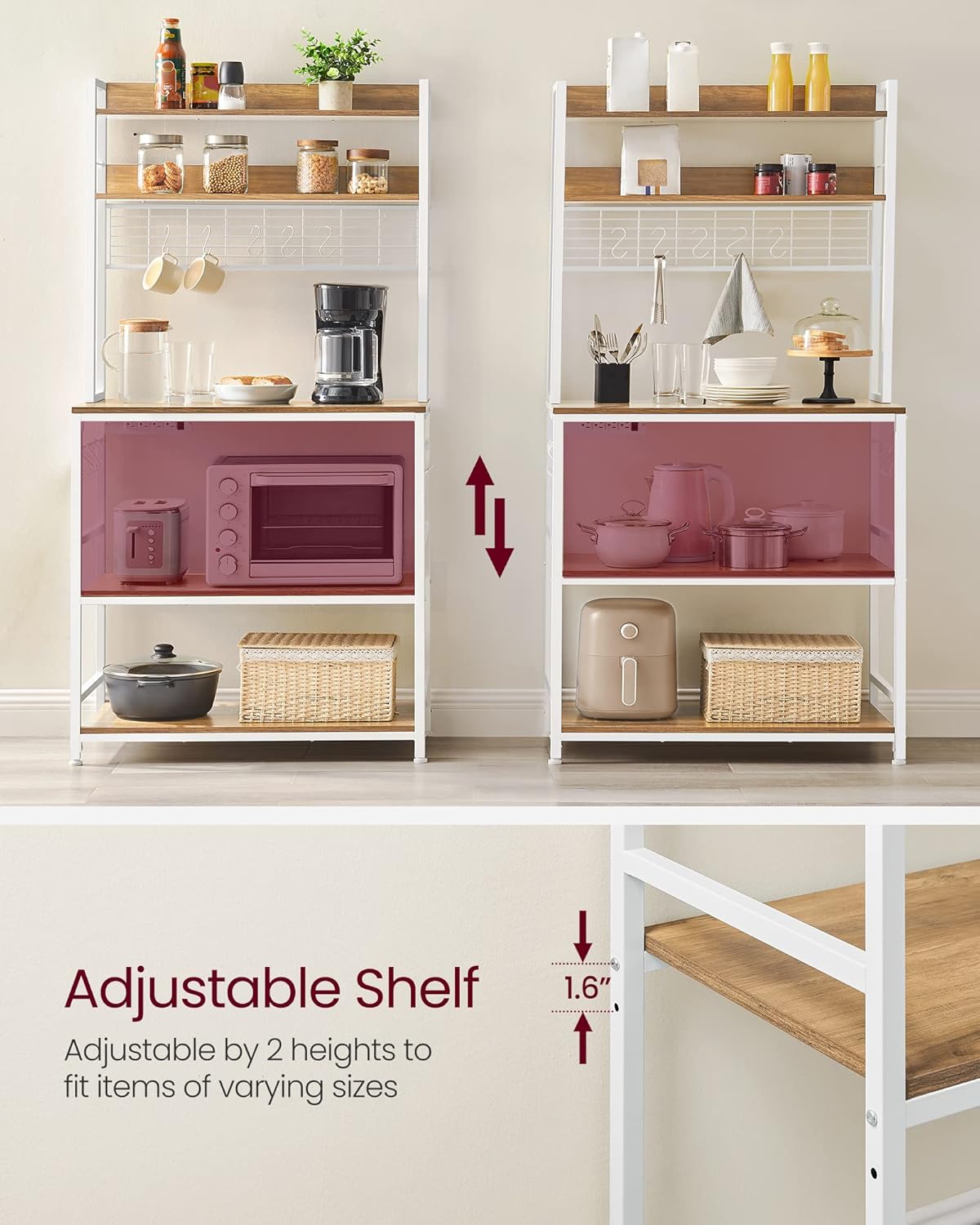 VASAGLE Bakers Rack with Power Outlet, Microwave Stand, Kitchen Tall Utility Storage Shelf, with Metal Wire Panel, 14 Hooks, 15.7 x 31.5 x 66.9 Inches, Rustic Walnut and Cloud White UKKS025W41
