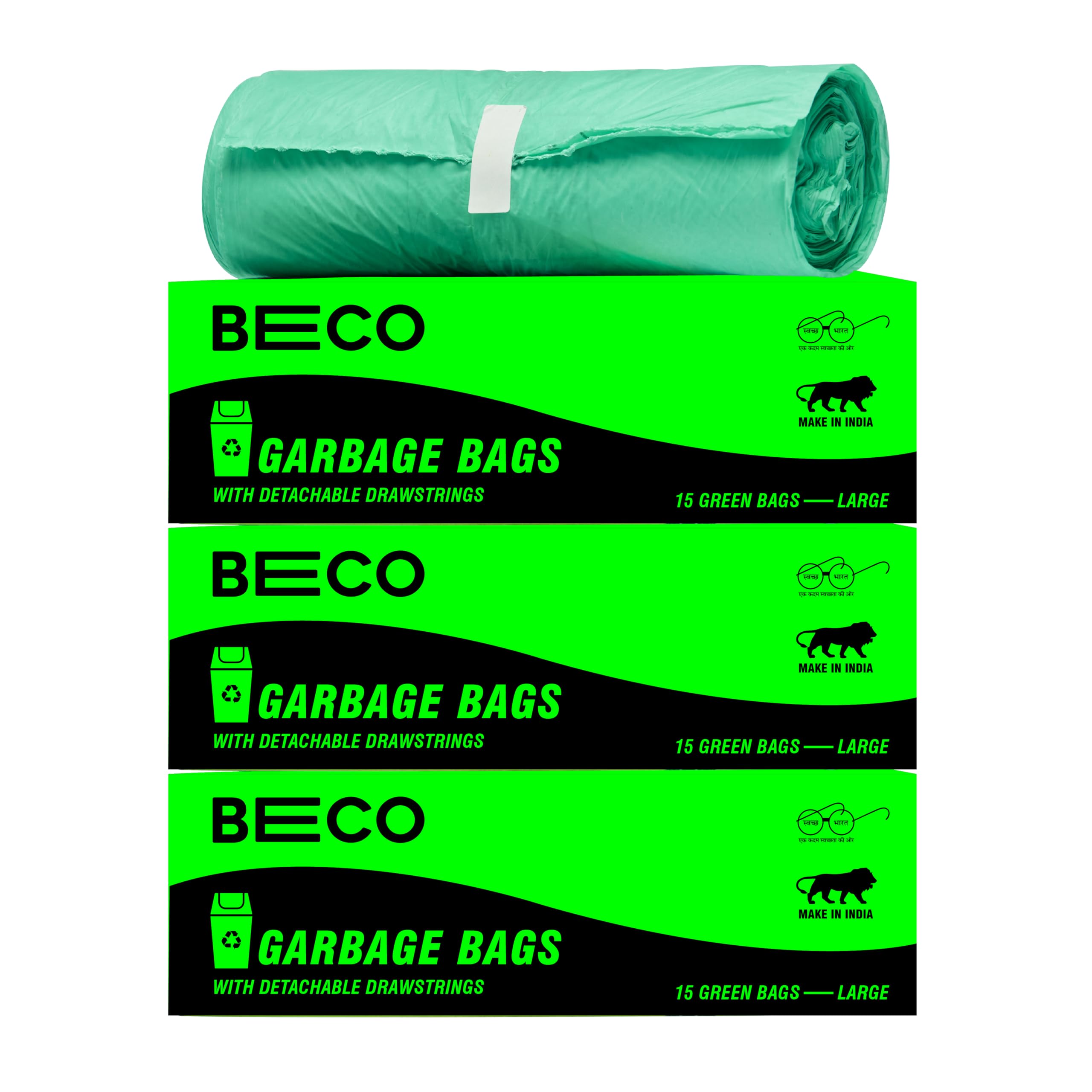 Beco Eco-Friendly Garbage Bags for Dustbin | 45 Pcs | Large 24 X 32 Inches | Pack of 3 | Green | Dustbin Bag/Trash Bag with Detachable drawstrings (B0C23JWWD2) Amazon Price History, Amazon Price Tracker