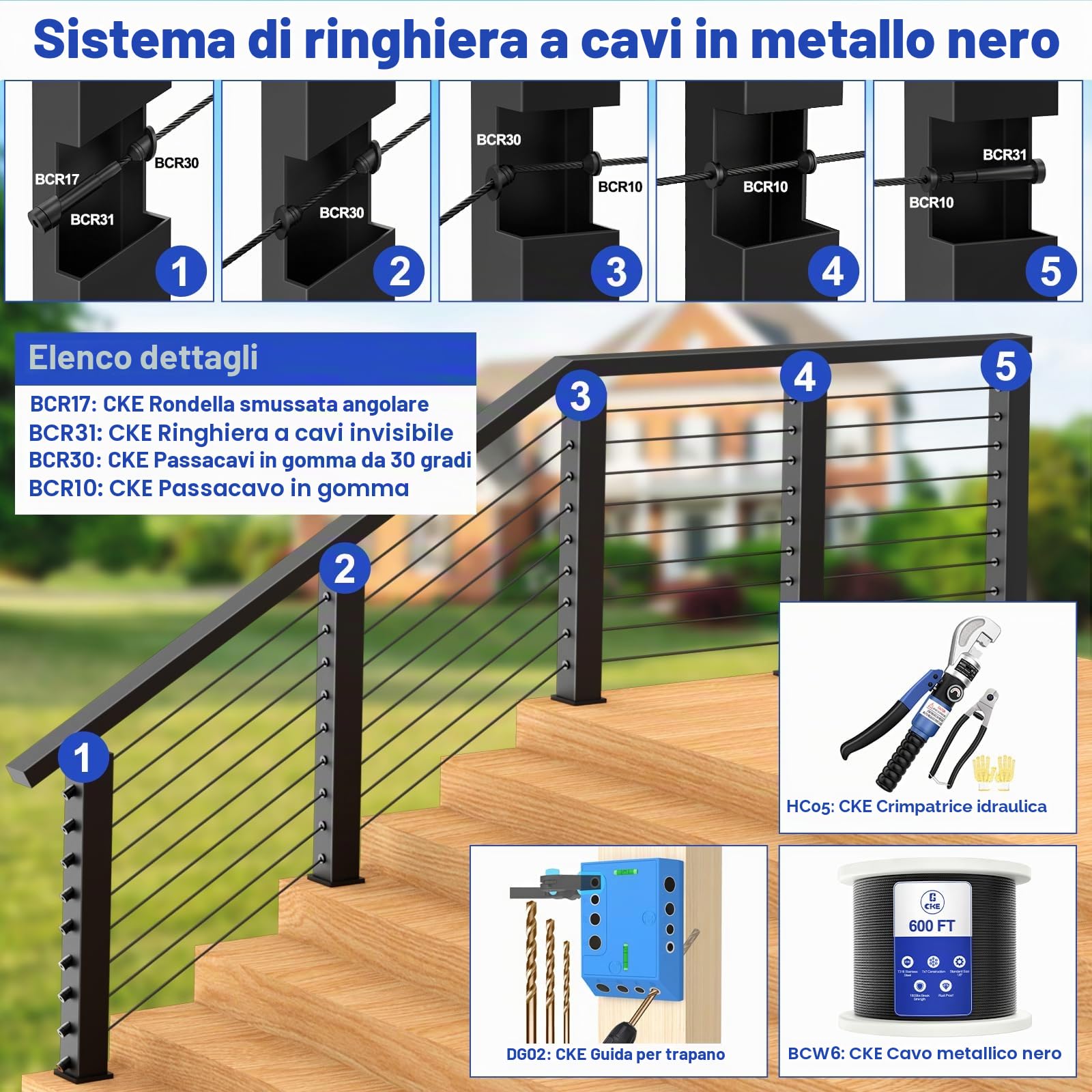CKE Confezione da 20 kit di ringhiere invisibili per cavi neri, terminale tenditore a pressare in acciaio inossidabile T316 per sistema di ringhiere per cavi da 1/8", ricevitore invisibile e hardware