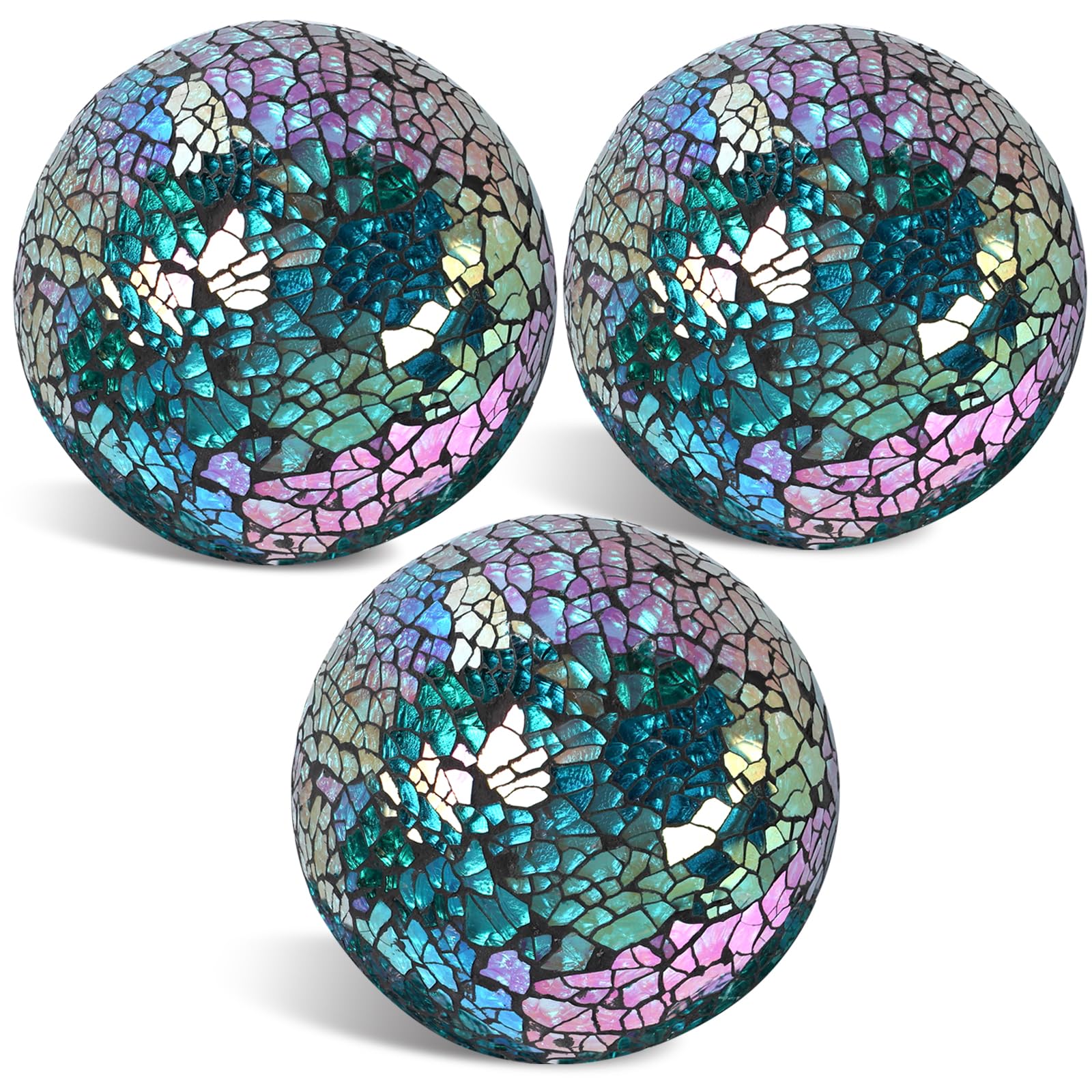 FUTUREPLUSX 3PCS Decorative Glass Orbs, Mosaic Sphere Balls with Plate 3 Inch Centerpiece Balls for Bowls Vases Dining Table Home Decor Wedding Party Iridescent Green