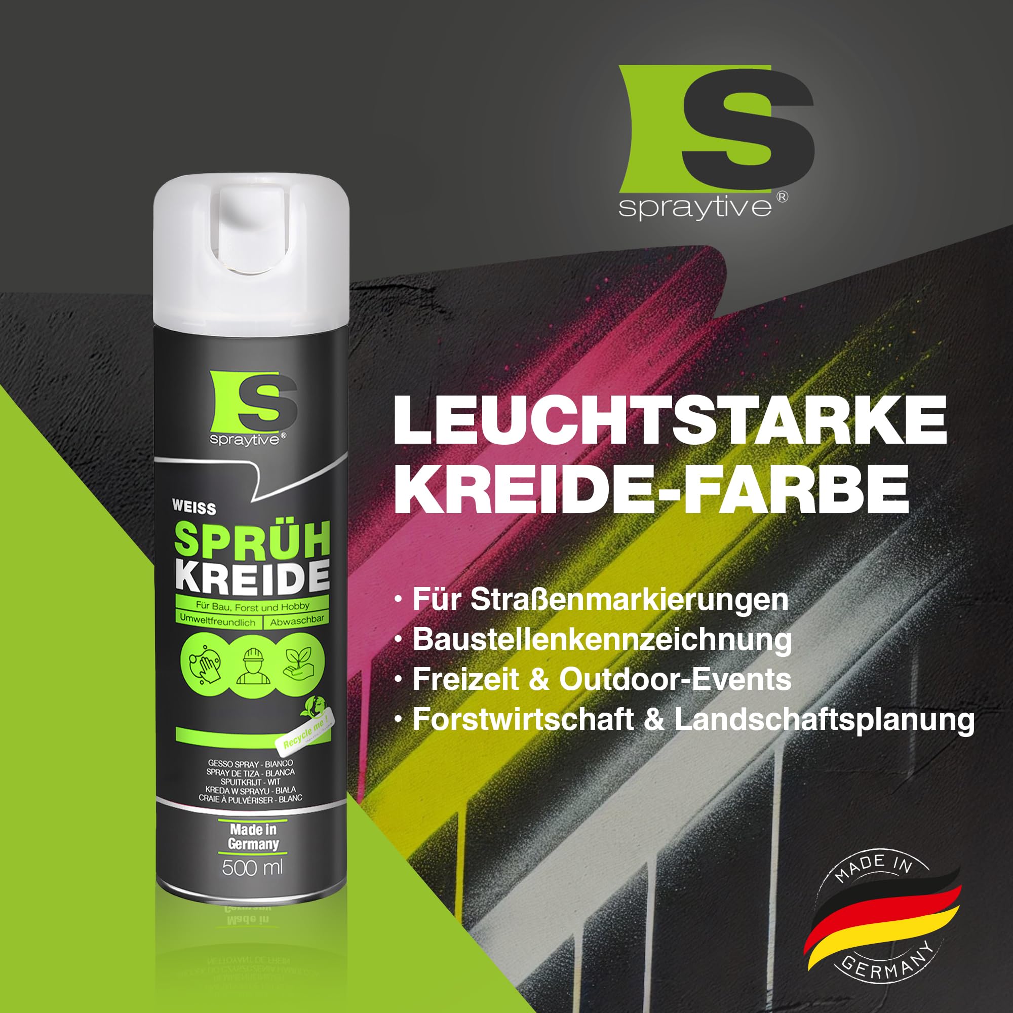 6 x 500ml Sprühkreide weiß - Abwaschbare leuchtende Kreidefarbe, Outdoor Kreidespray, Bodenmarkierung, Temporäres Markierungsspray, Farbspray für Asphalt, Gras, Beton