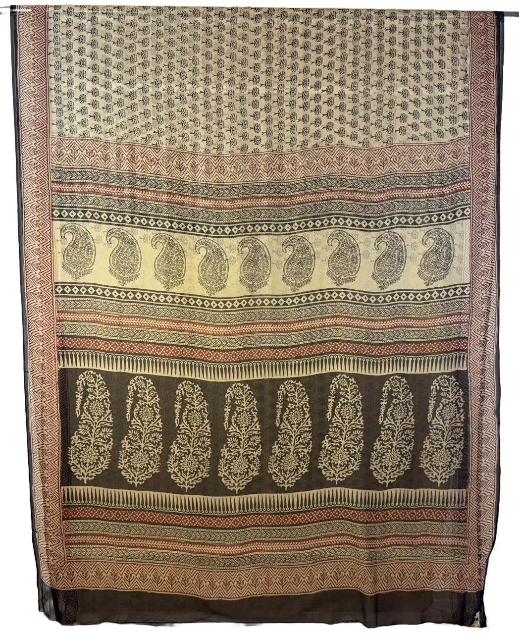 ratnam's designer boutique Ratnam's Natural Mulberry Silk Chiffon Saree – Traditional Handwoven | Natural dye | Bagh hand block Printed | Mehroon Black & Beige | Treelike Design| Printed by National Awardee-picture-18