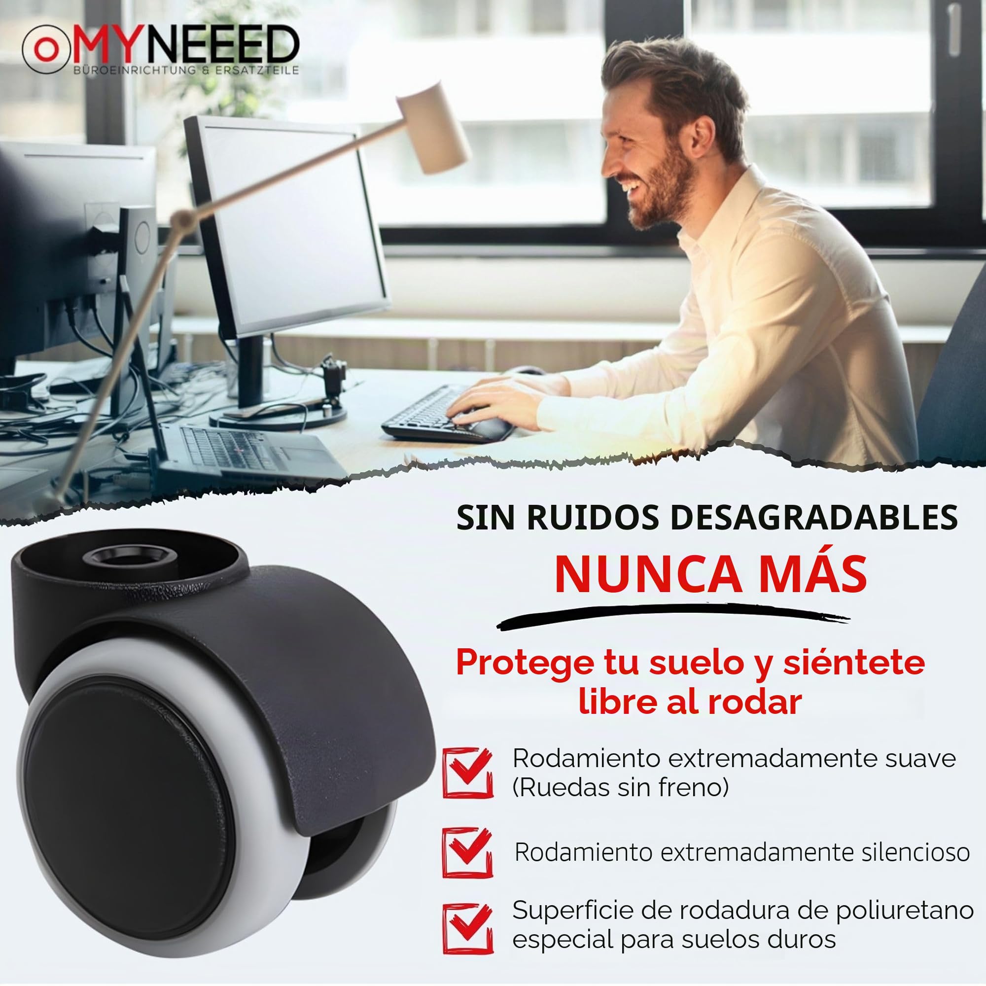 Ruedas Para Suelo Duro de 10mm y 11mm para Silla de Oficina - Silla de seguridad con ruedas sin pasador para laminado, parquet