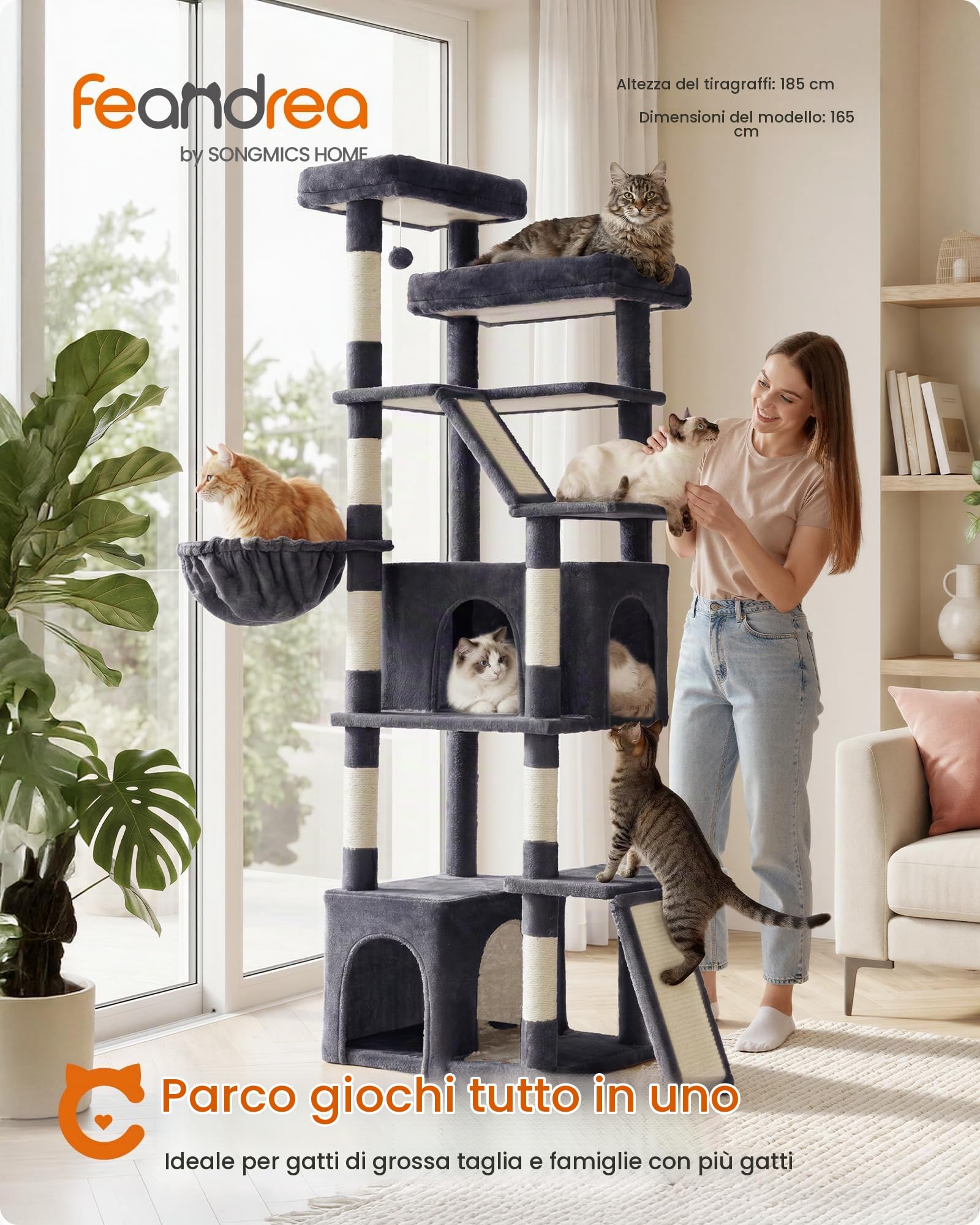 Feandrea Albero per Gatti XL, Tiragraffi per Più Gatti, 55 x 45 x 184,5 cm | 2 Graffiatoi e 7 Tronchi in Sisal, 7 Aree di Riposo, Grigio Scuro, COLLEZIONE CLAWFY PCT014G201