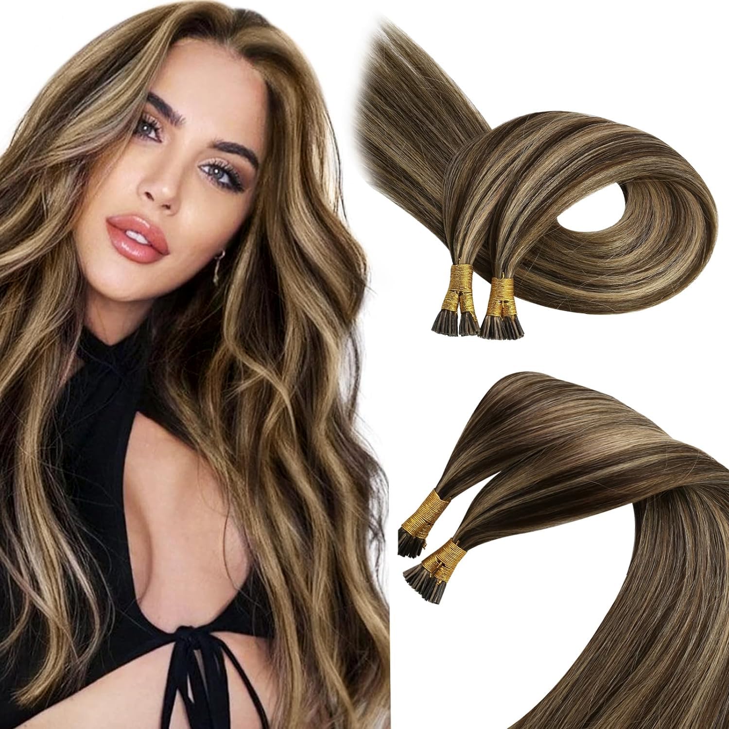 [Sunny & Ve Sunny]Sunny Itip Hair Extensions Dark Brown Highlight Caramel Blonde Bundle with Ve Sunny Ponytail Hair Extensions Same Color 14inch