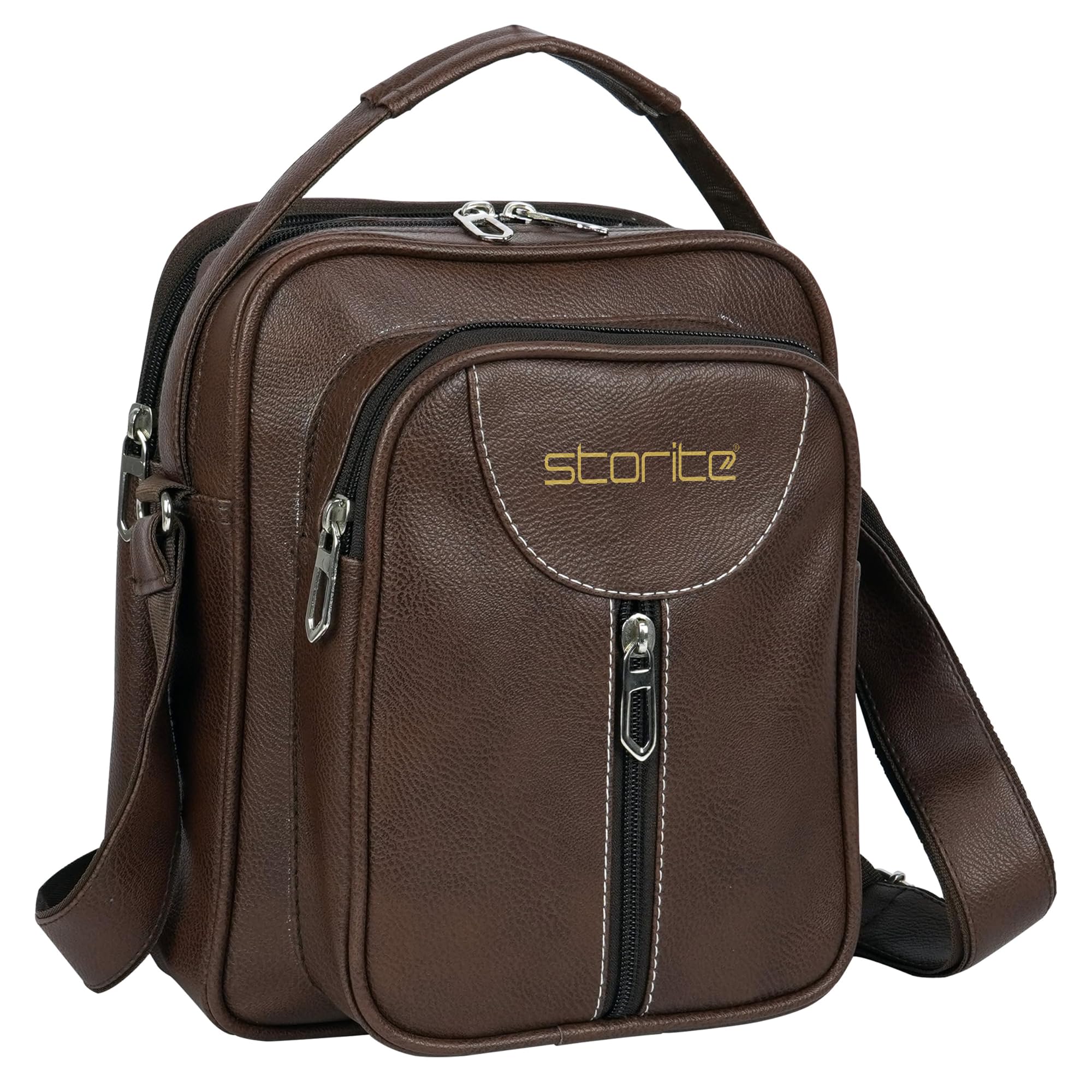 Storite Large Stylish PU Leather Sling Cross Body Travel office Messenger One Side Shoulder Bag With Adjustable Strap for Men & Women (Brown - 23 x 9 x 27cm)