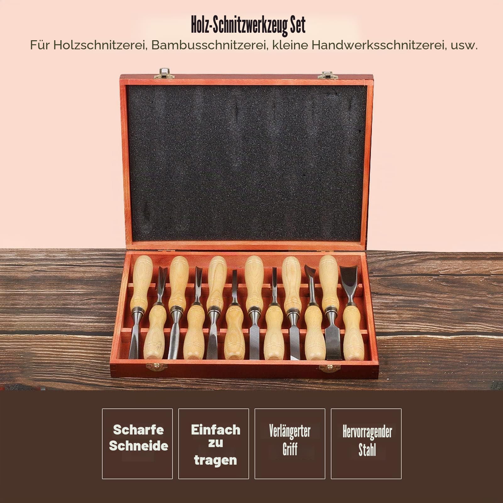 Stechbeitel Set für Holz, 12-teiliges Stemmeisen Holz mit CRV-Klinge und Holzgriff für Holzschnitzerei Bambusschnitzerei Schnitzerei Handwerksarbeiten