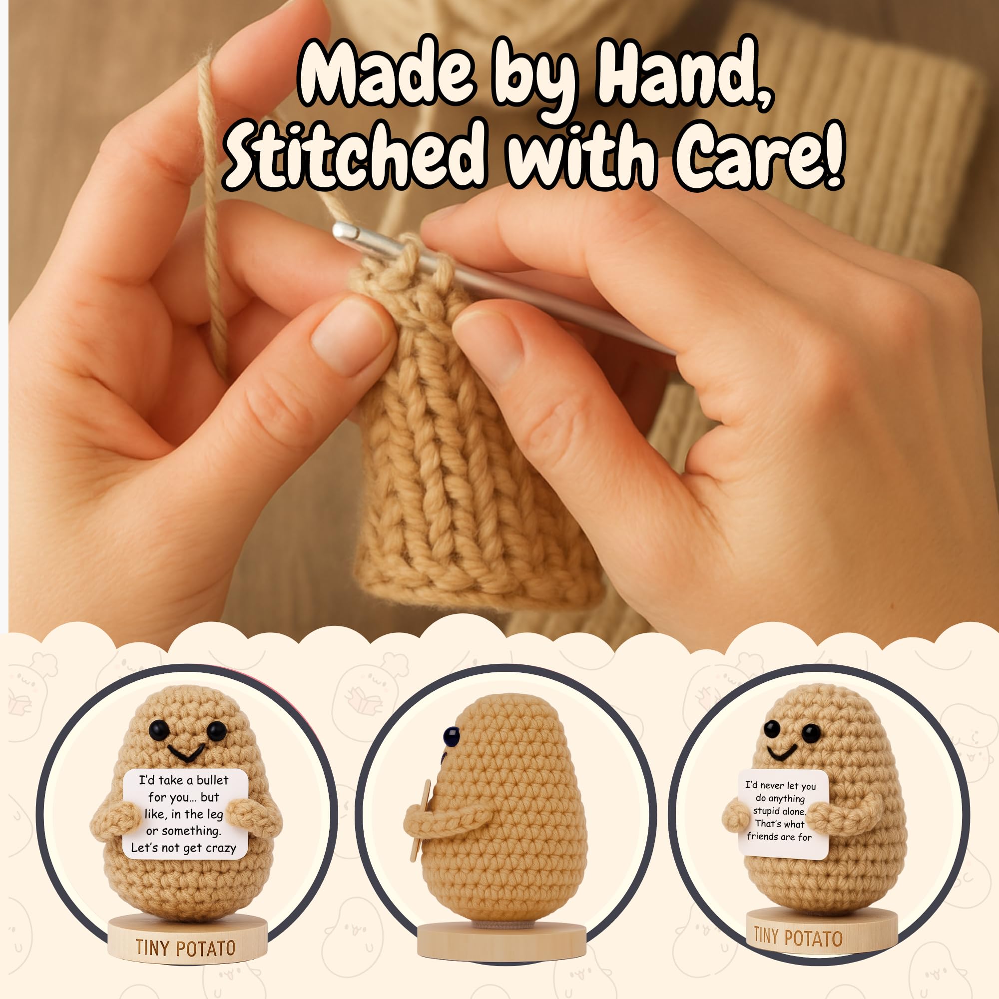 Funny Friendship Gift - Tiny Potato Crochet W/ 30 Sassy Messages for Women Friends Bestie BFF Coworker - Best Friend Birthday Gifts for Women, Sister Birthday, College Graduation Present Idea for Her