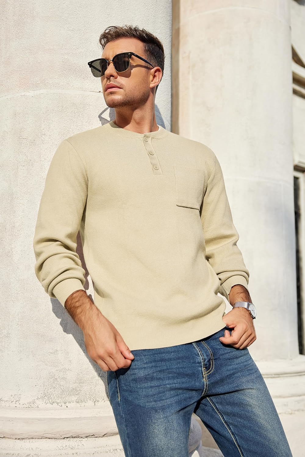 COOFANDY Men's Henley Knit Sweater Long Sleeve Soft Pullover Shirt with Chest Pocket