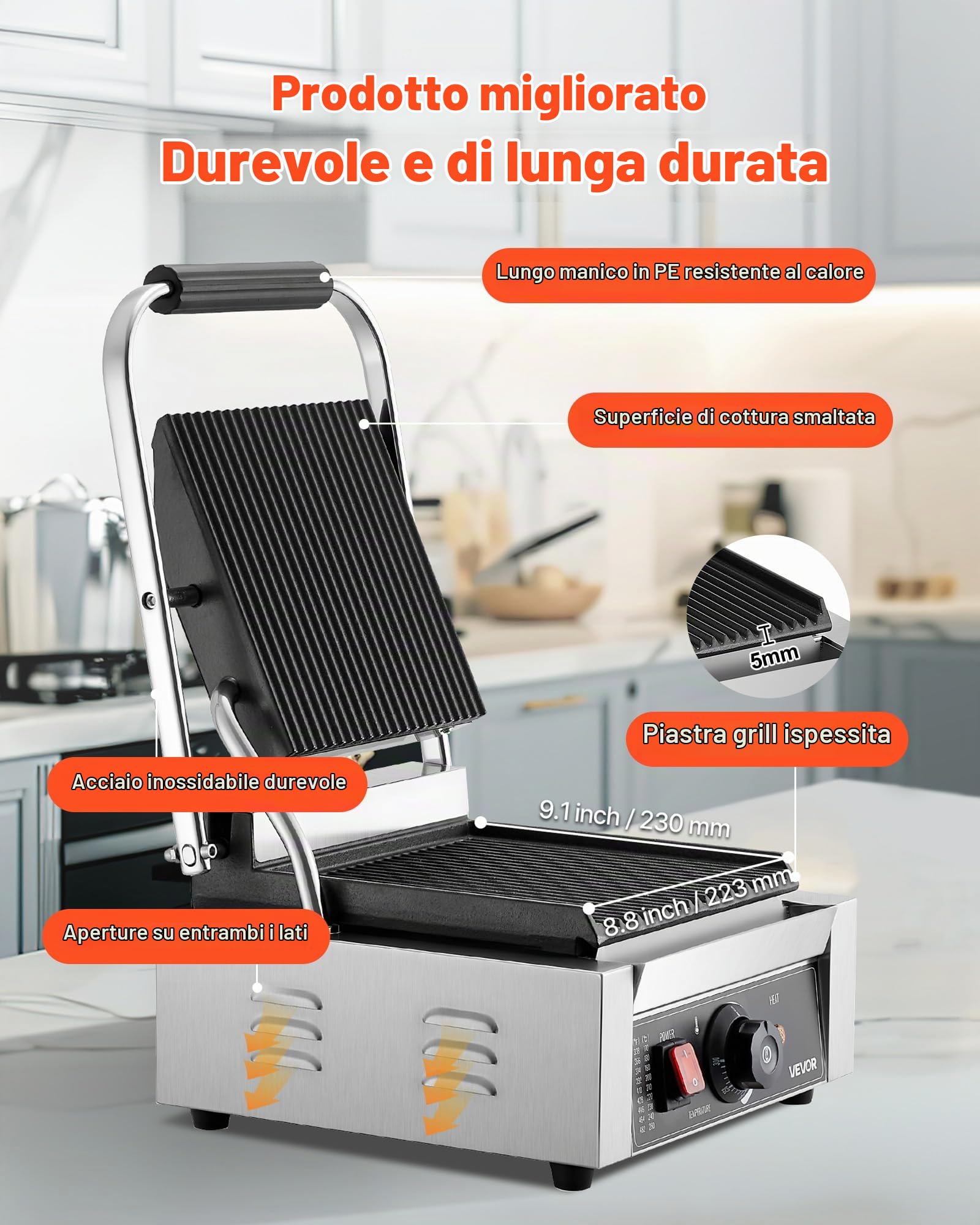 VEVOR Piastra Elettrica per Panini Professionale, 1800 W, in Acciaio Inox con Maniglia e Controllo della Temperatura, Piastra Smaltata Scanalata Piatta da 22 x 23 cm, per Bistecche, Pancetta