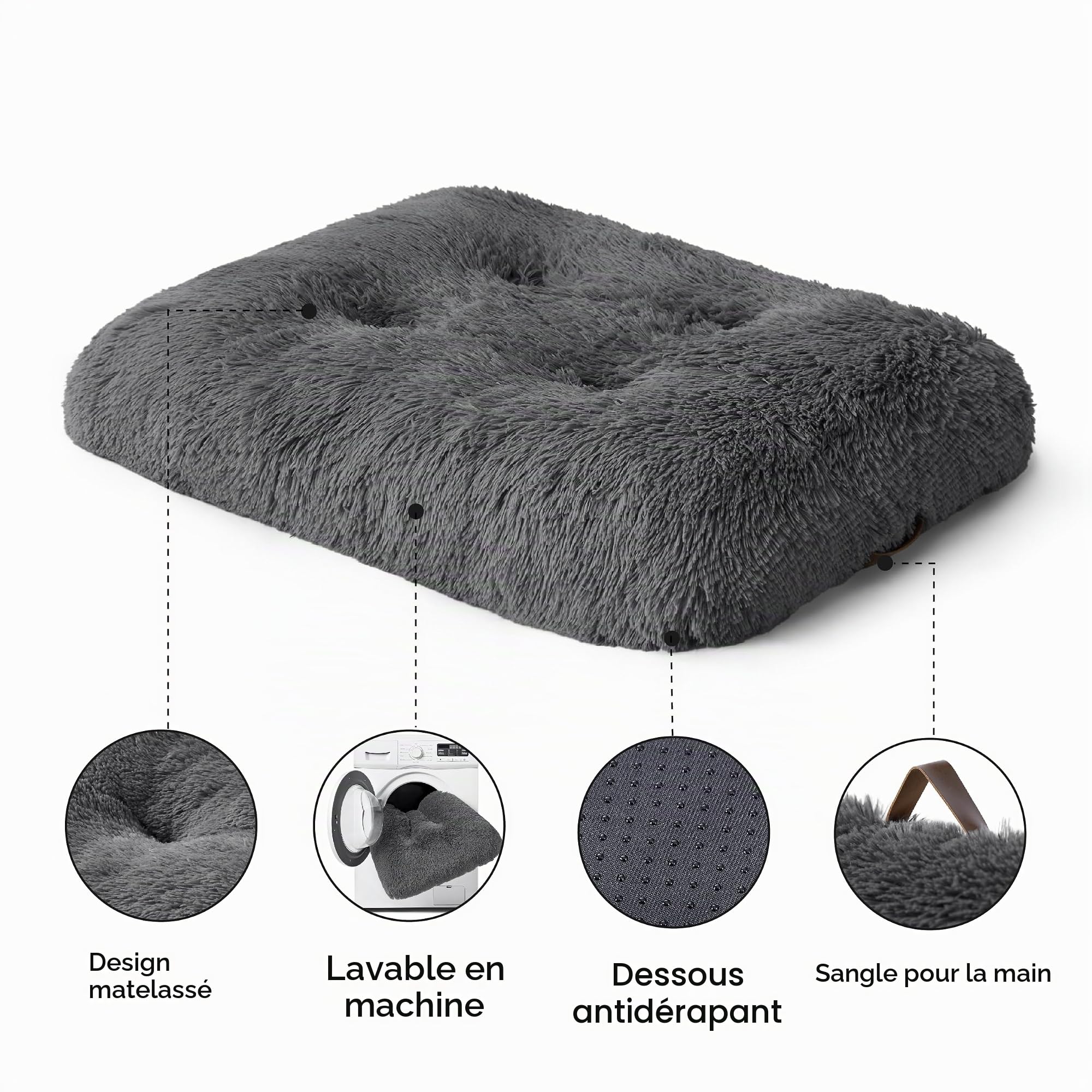 Bedsure XL Matelas Caisse Chien Lavable, Duveteux 104x69cm Gris Foncé | Matelas XL Gris Foncé Anti-Stress À Rembourrage Épais, Fond Anti-Dérapant, Nettoyage Rapide En Machine