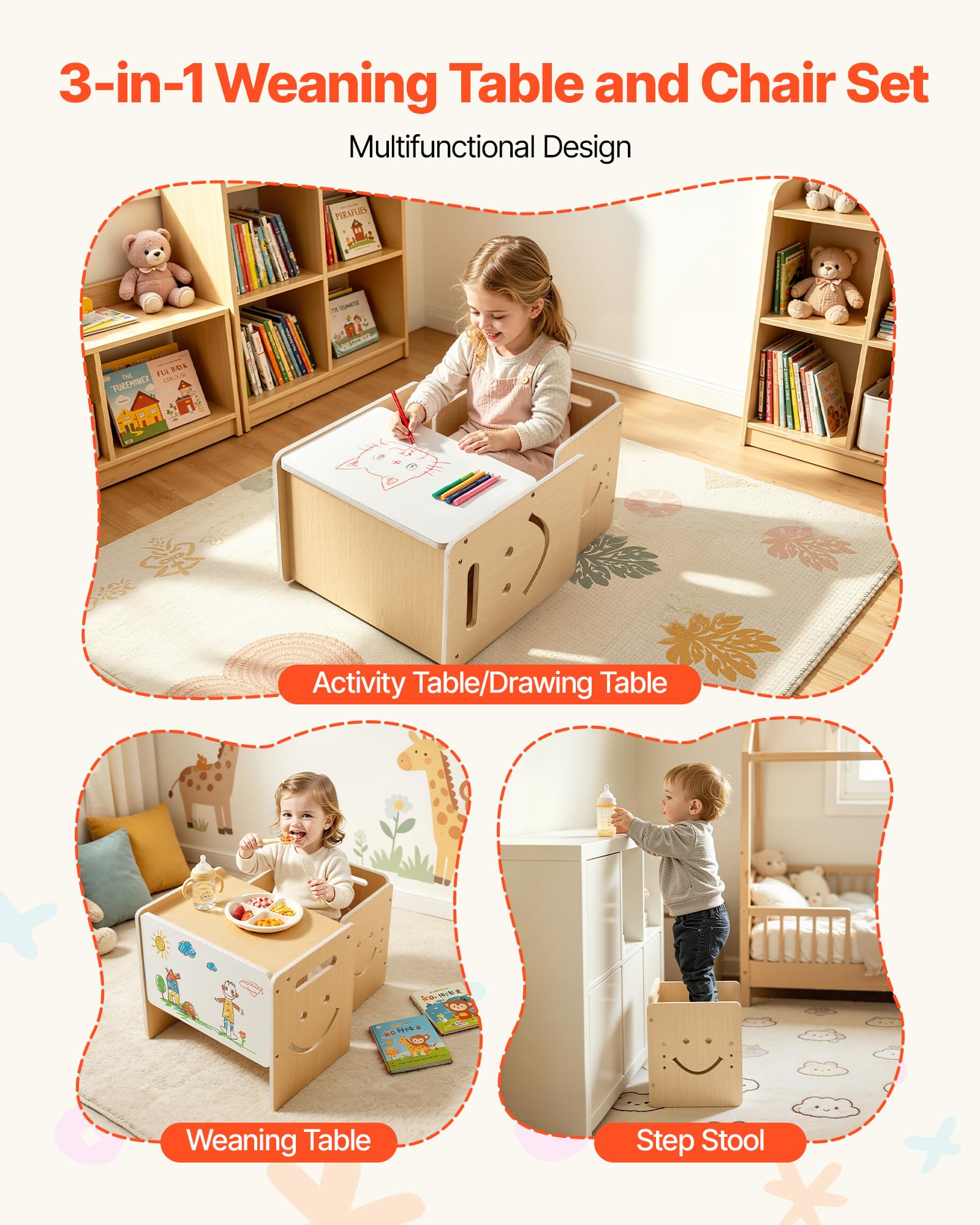 VEVOR Set Tavolo e Sedia Montessori lo Svezzamento, Seggiola e Scrivania