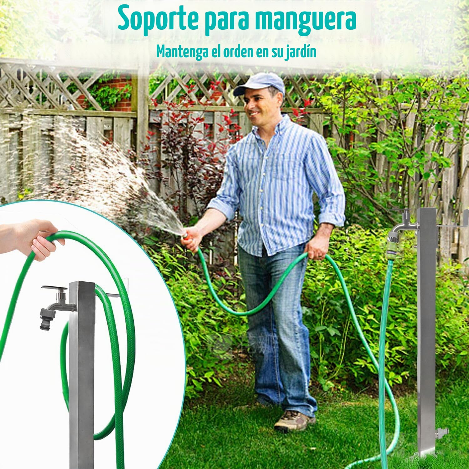 Elbe Columna de agua de jardín cuadrada de acero inoxidable 87 cm - Resistente a las heladas - Con soporte para manguera, rosca exterior G1/2, con dos adaptadores de manguera de riego